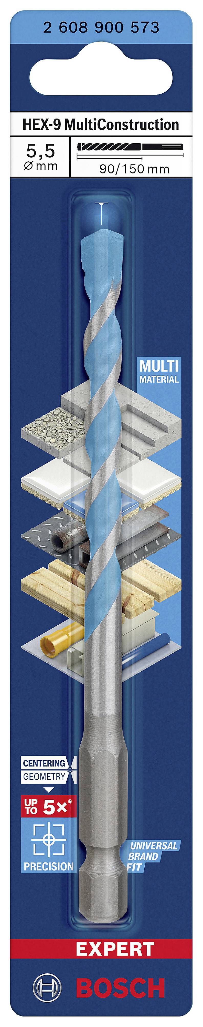 Wiertło w opakowaniu blistrowym, odpowiednie do różnych materiałów. Marka 'Bosch', model 'HEX-9 MultiConstruction', długość 90/150 mm.