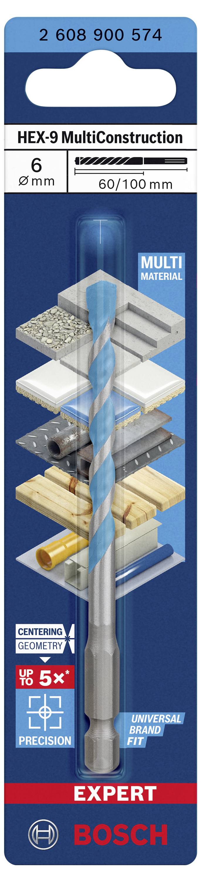 Opakowanie wiertła wielozadaniowego Bosch HEX-9 MultiConstruction, 6 mm, przeznaczonego do różnych materiałów. Zawiera informacje o precyzji i wszechstronności.