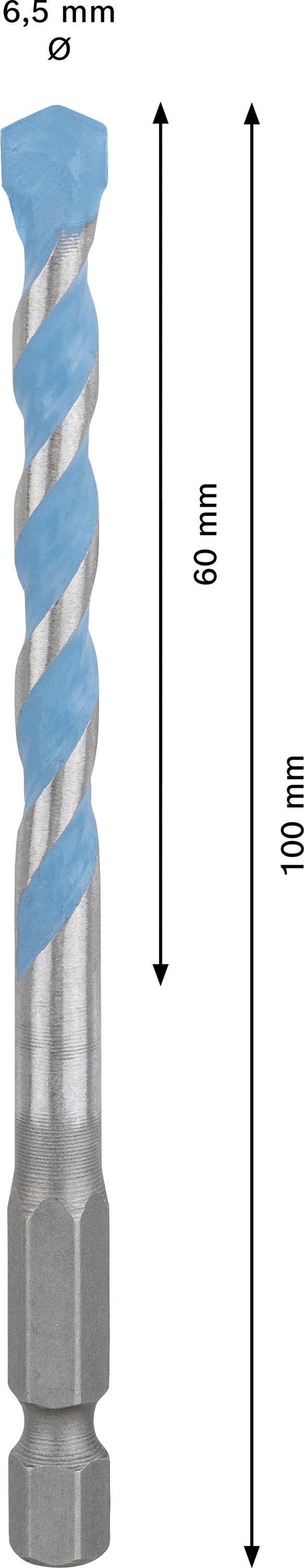 Wiertło z niebieską spiralą, średnica 6,5 mm, długość 100 mm i oznaczenie 60 mm na środku. Przeznaczone do precyzyjnego wiercenia.