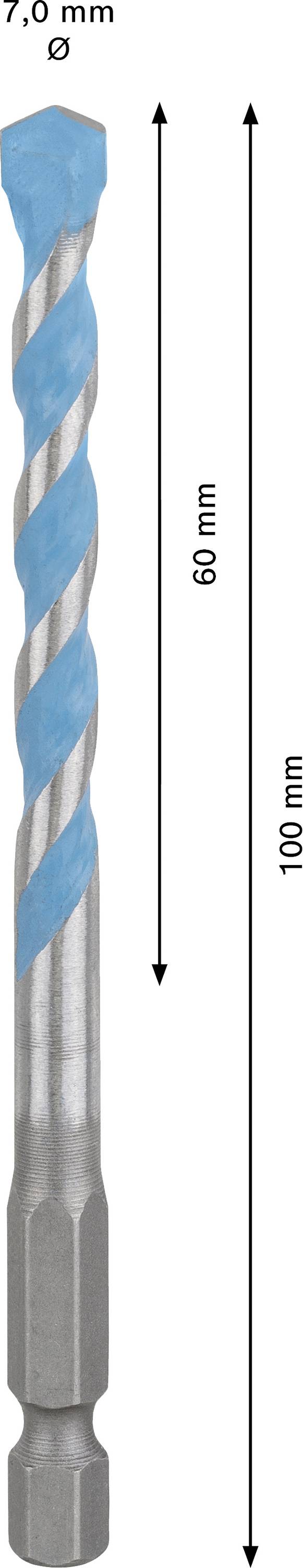 Wiertło do metalu o niebiesko-srebrnej spiralnej formie, średnica 7,0 mm, długość całkowita 110 mm, długość użytkowa 60 mm.