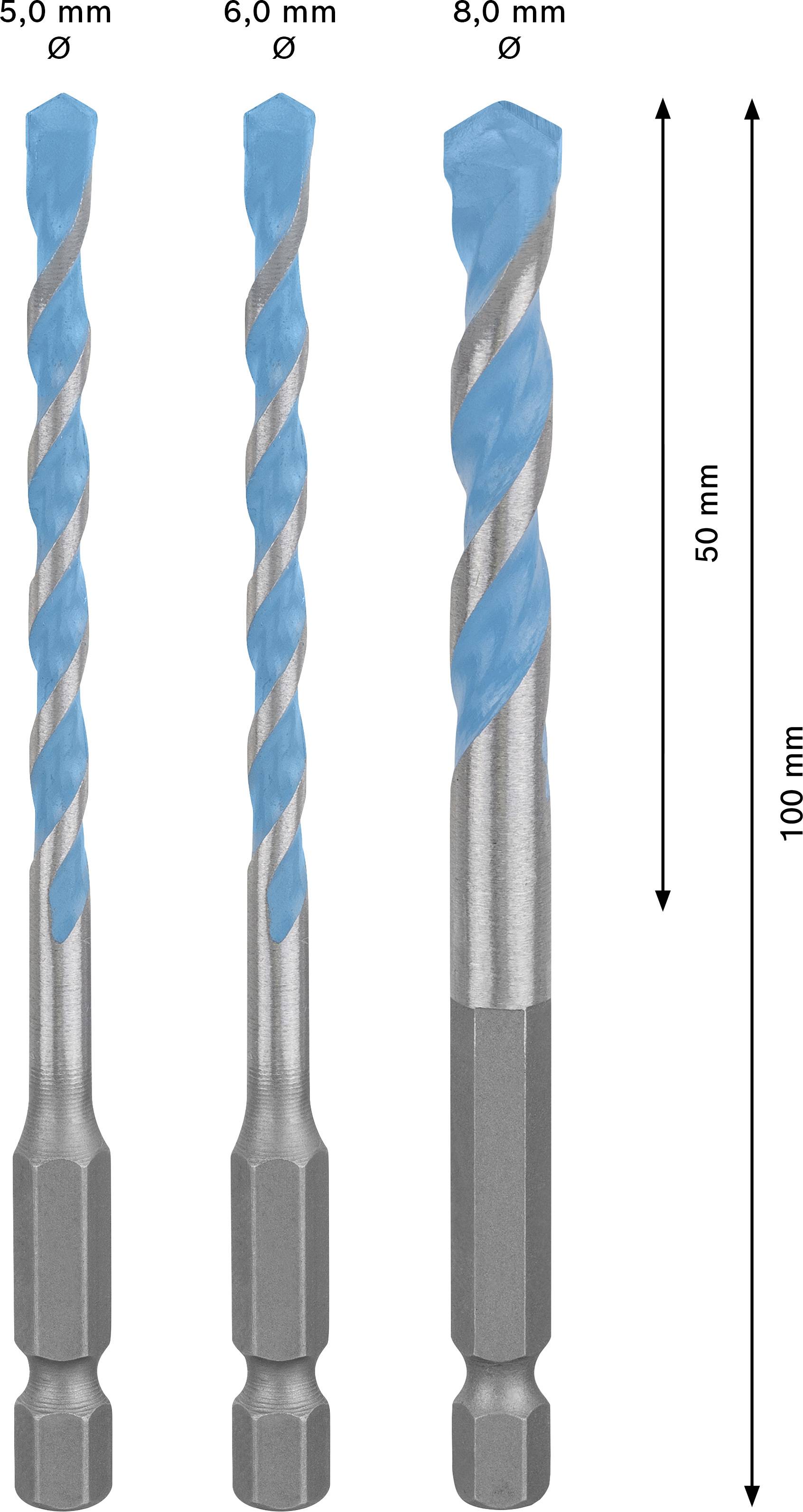 Trzy wiertła o średnicach 5,0 mm, 6,0 mm i 8,0 mm. Długość całkowita 100 mm, długość robocza 50 mm. Wzornictwo turkusowo-srebrne.