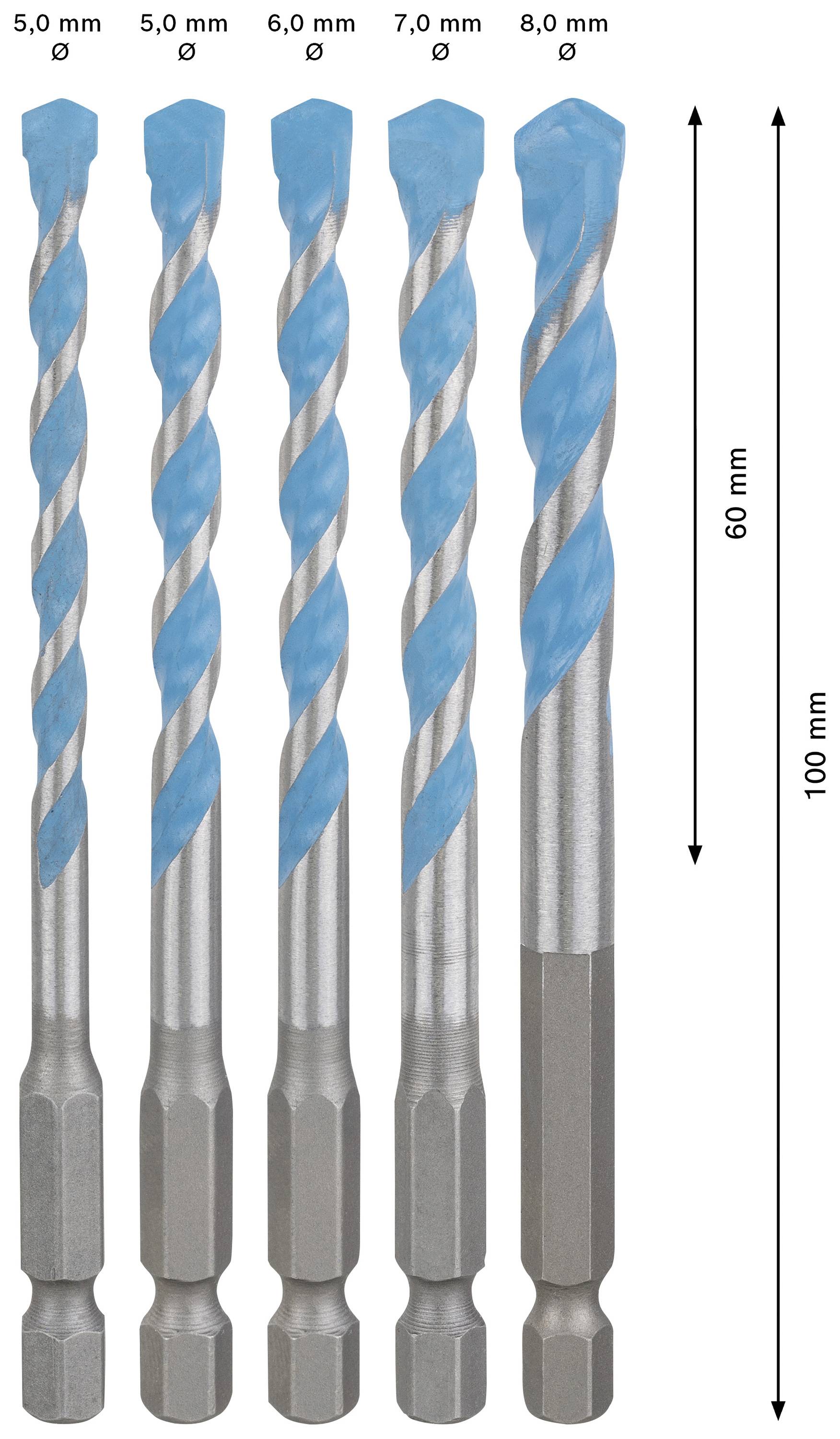 Pięć wierteł spiralnych o niebieskim spiralnym wzorze, o średnicach od 5,0 do 8,0 mm, długości od 60 do 100 mm.