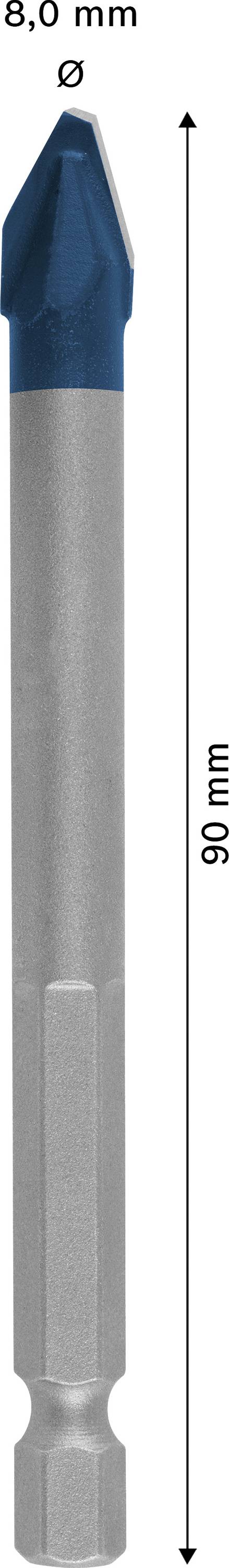 Końcówka wiertarska o średnicy 8,0 mm i długości 90 mm, z niebieską głowicą tnącą.