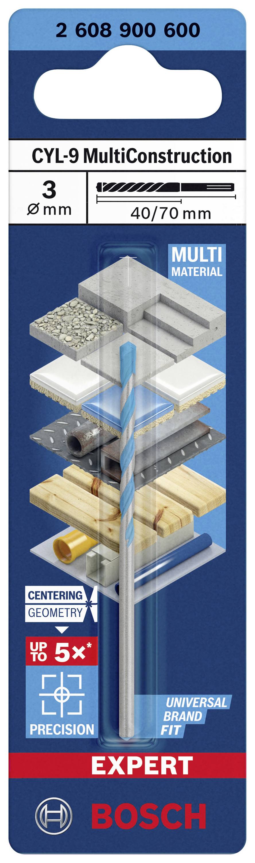 Zdjęcie końcówki wiertła Bosch CYL-9 MultiConstruction do różnych materiałów. Opakowanie przedstawia kompatybilne materiały budowlane oraz oznaczenia długości (3 mm, 40/70 mm).