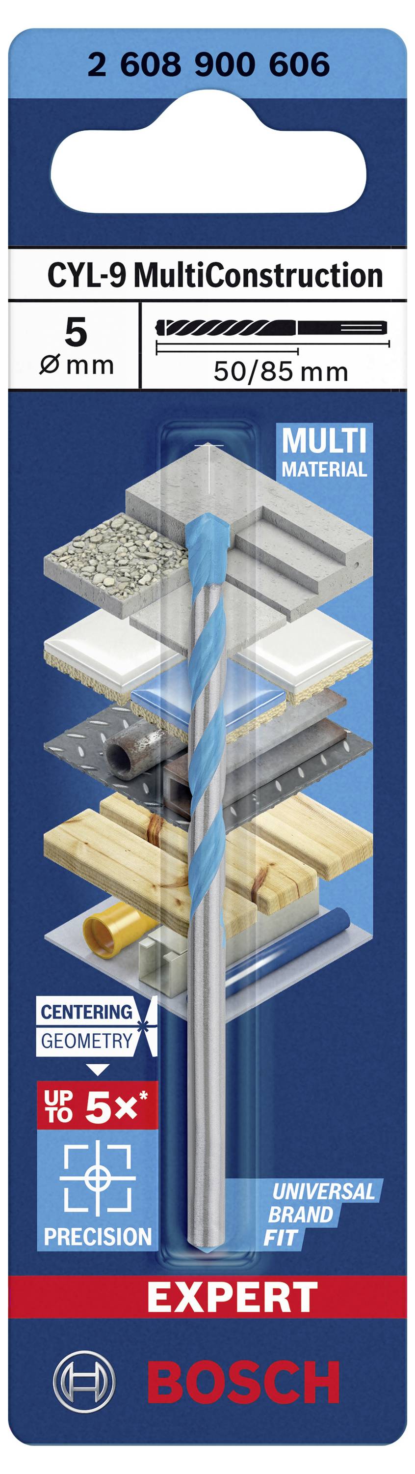 Opakowanie wiertła, Bosch CYL-9 MultiConstruction, średnica 5 mm, przedstawia zakresy zastosowań: cegła, drewno, metal i więcej.