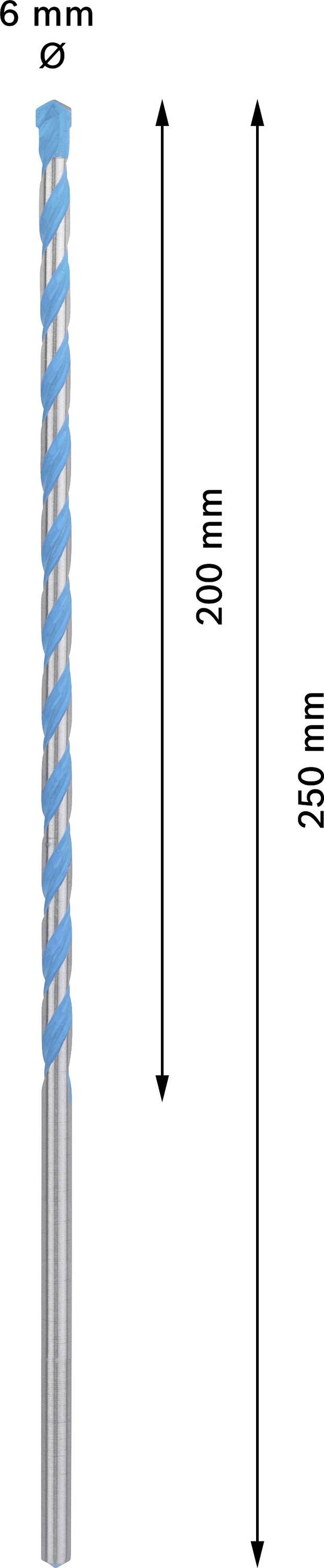 'Wiertło z węglika spiekanego, średnica 6 mm, długość 250 mm, długość użytkowa 200 mm.'