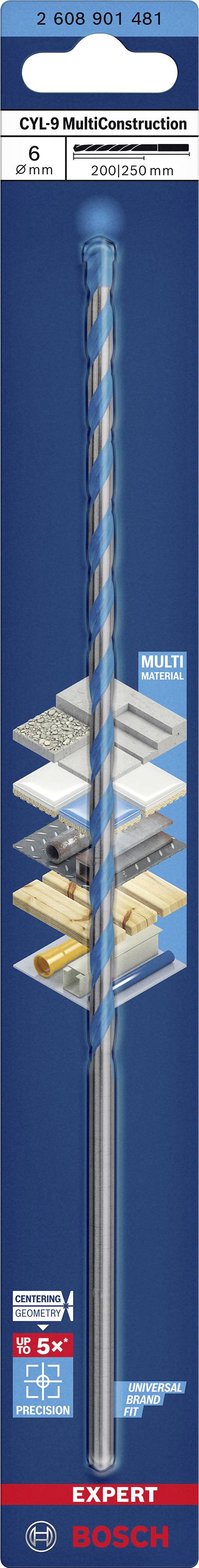 Opakowanie wiertła Bosch do betonu, metalu, drewna i płytek. Napis: '6x100mm, Expert CYL-9 MultiConstruction'.