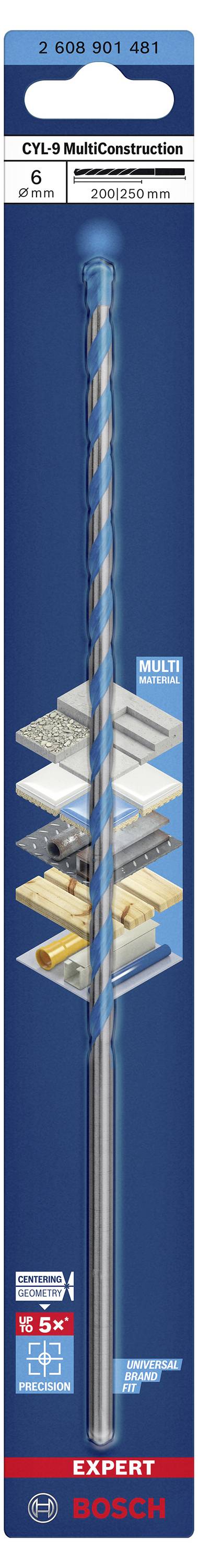 Wiertło w projektowaniu opakowań, wykazujące kompatybilność z różnymi materiałami, takimi jak beton i kamień. Marka 'Bosch Expert'.