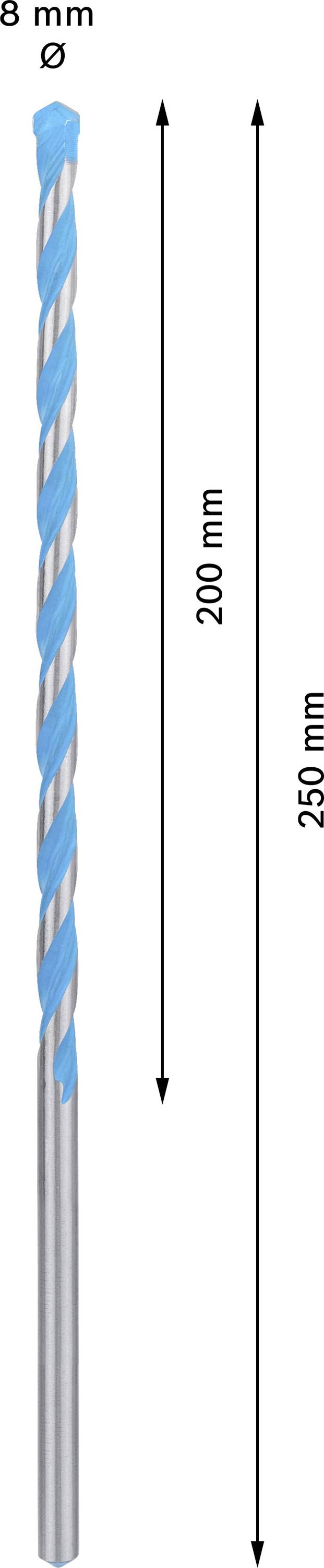Wiertło o średnicy 8 mm, długości 250 mm. Długość użytkowa 200 mm. Srebrny trzon z niebieską spiralą.