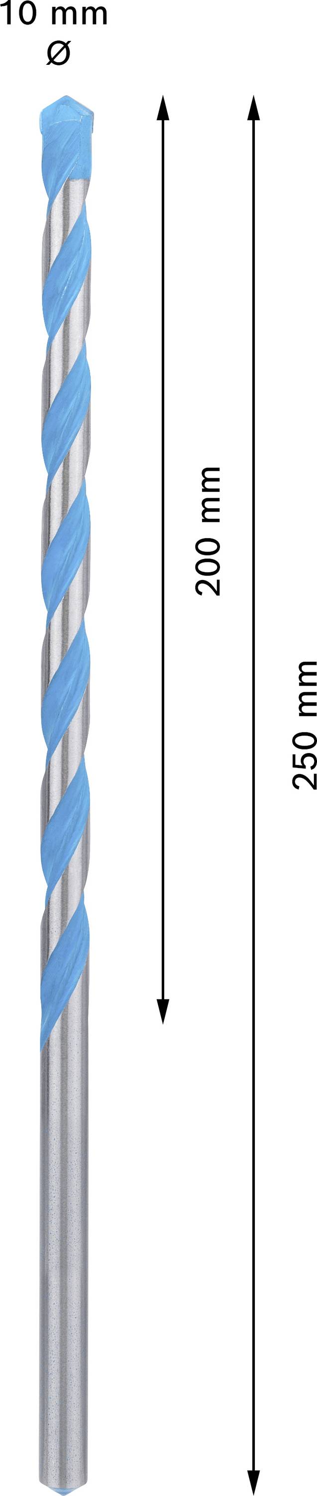 Długi świder o całkowitej długości 250 mm i średnicy 10 mm, z czego 200 mm stanowi spiralny trzon.