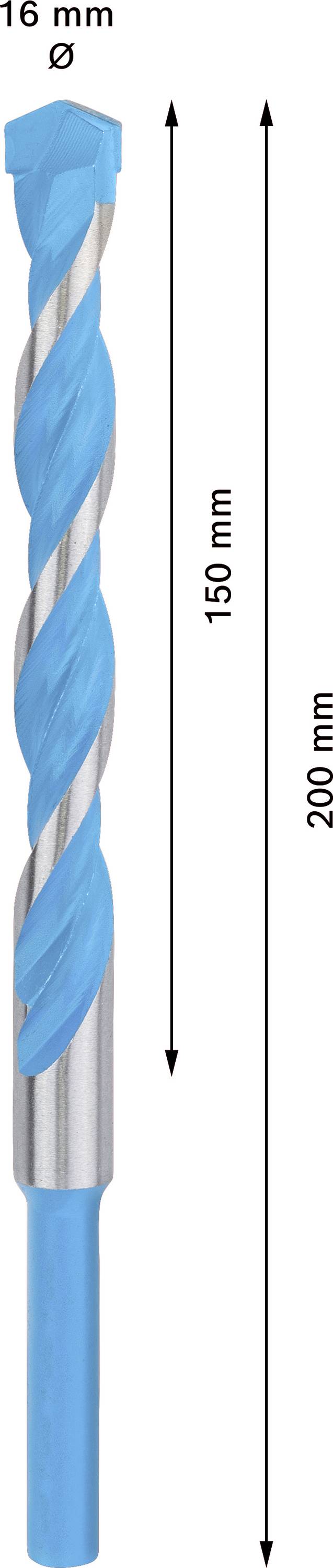 Wiertło, średnica 16 mm, długość całkowita 200 mm, długość spirali 150 mm, niebieska spirala z srebrnymi odcinkami.