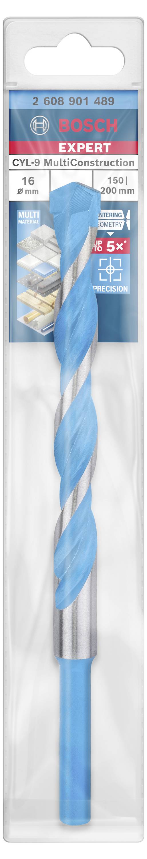 Nasadka wiertnicza Bosch z niebieskim wzorem spiralnym w opakowaniu plastikowym, odpowiednia do wiercenia w materiałach wielowarstwowych i różnych powierzchniach.