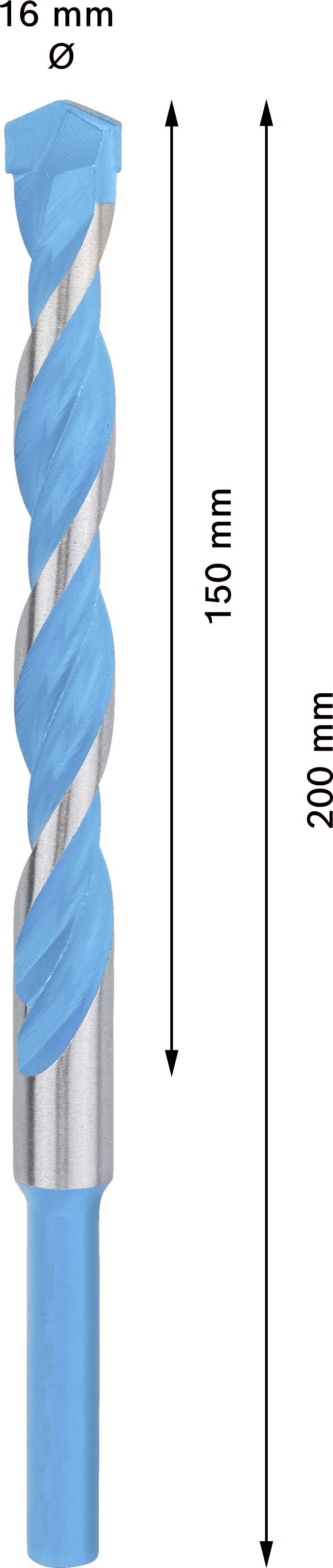 Wiertło ze spiralą niebiesko-białą, średnica 16 mm, długość całkowita 200 mm, długość spirali 150 mm.