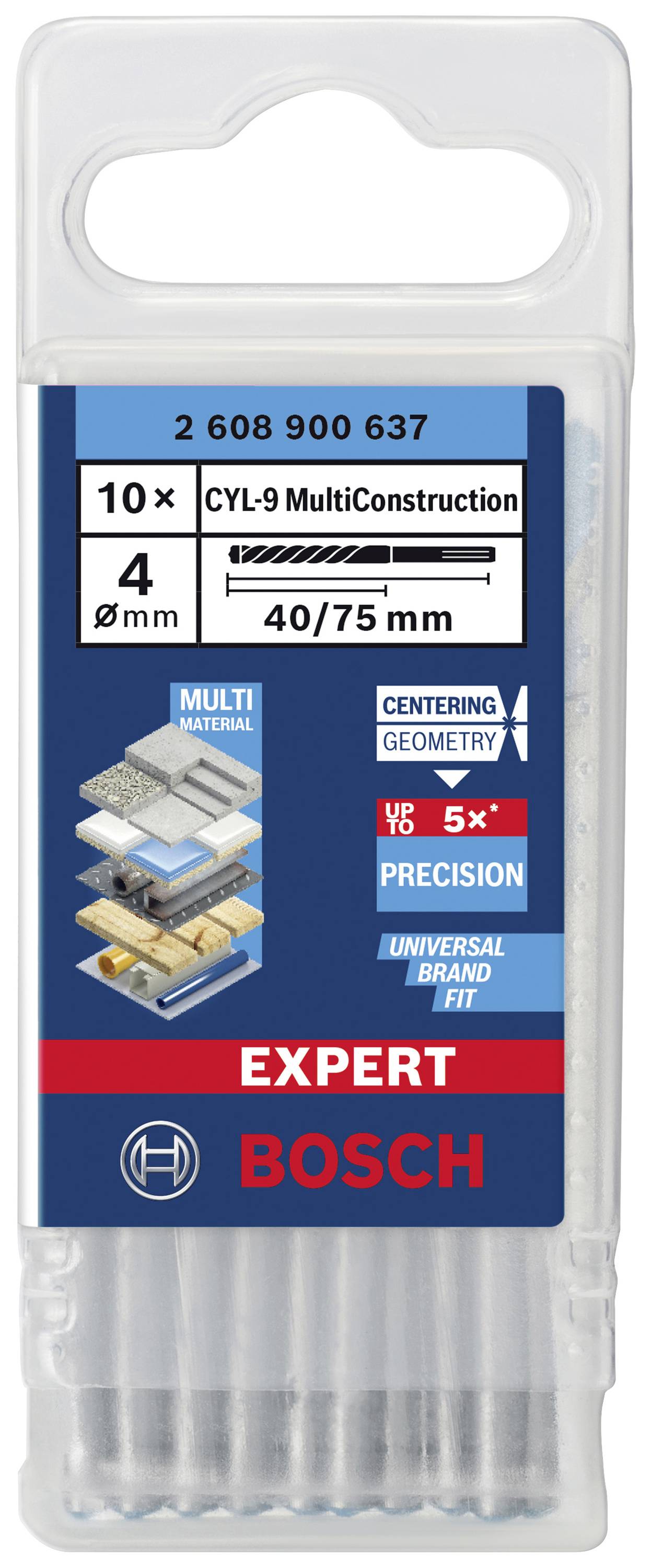 Zestaw wierteł Bosch z 10 wiertłami wielomateriałowymi o średnicy 4 mm. Szczegółowy rysunek przedstawia zastosowanie materiałów i podane wymiary.