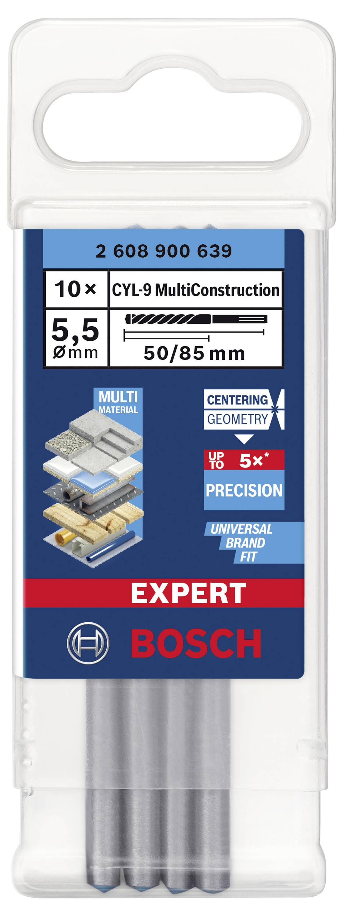 Opakowanie z 10 wiertłami Bosch 'CYL-9 MultiConstruction', średnica 5,5 mm, długość 50/85 mm, odpowiednie do różnych materiałów.