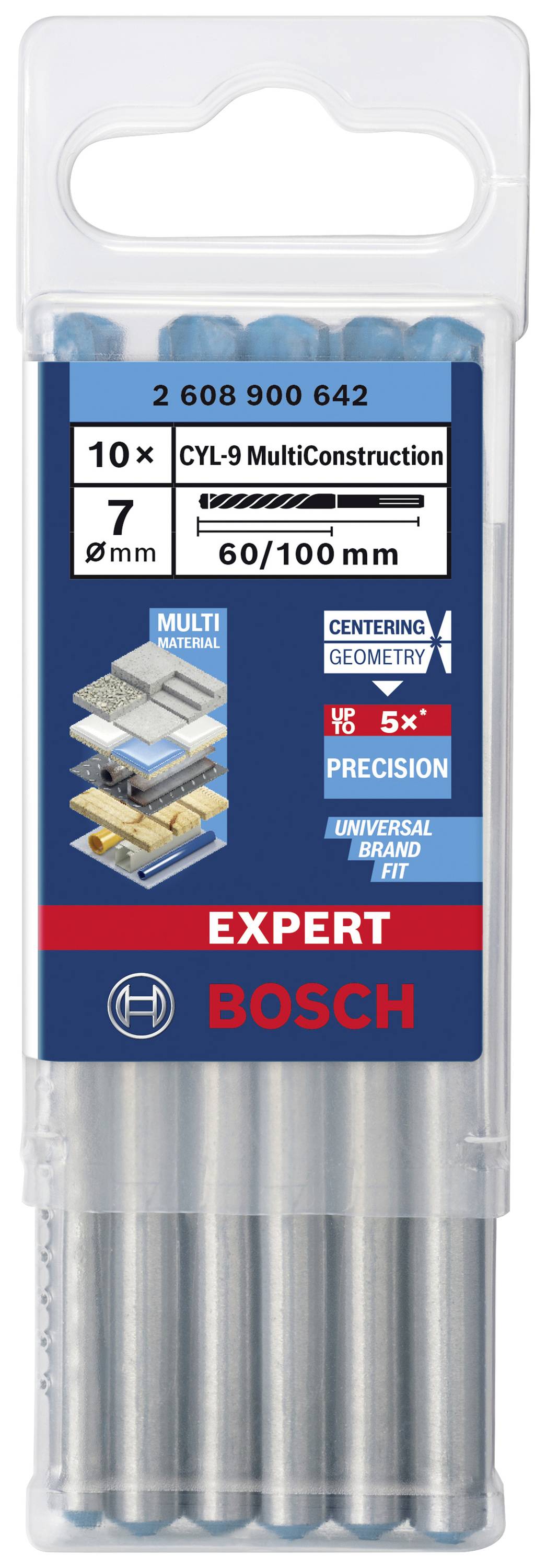Opakowanie zawiera 10 wierteł wielomateriałowych Bosch CYL-9, o średnicy 7 mm i długości 60/100 mm, odpowiednich do pracy w różnych materiałach.