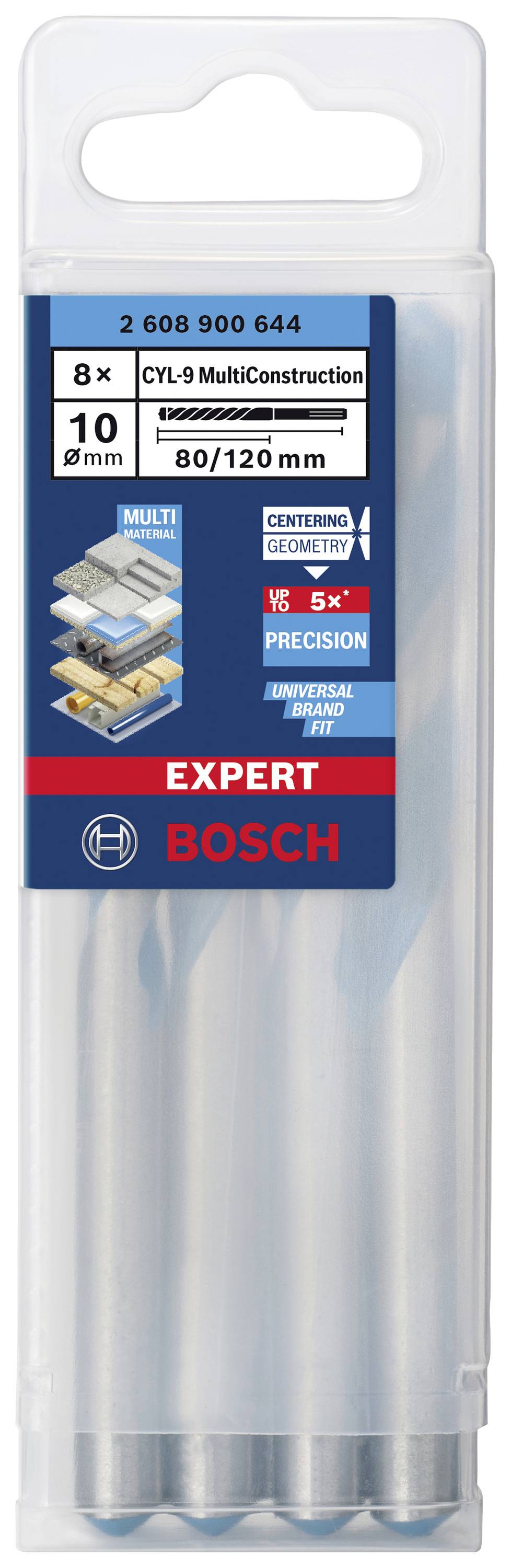 Opakowanie z 8 wiertłami Bosch CYL-9 MultiConstruction, średnica 10 mm, długość 80/120 mm, odpowiednie do różnych materiałów.