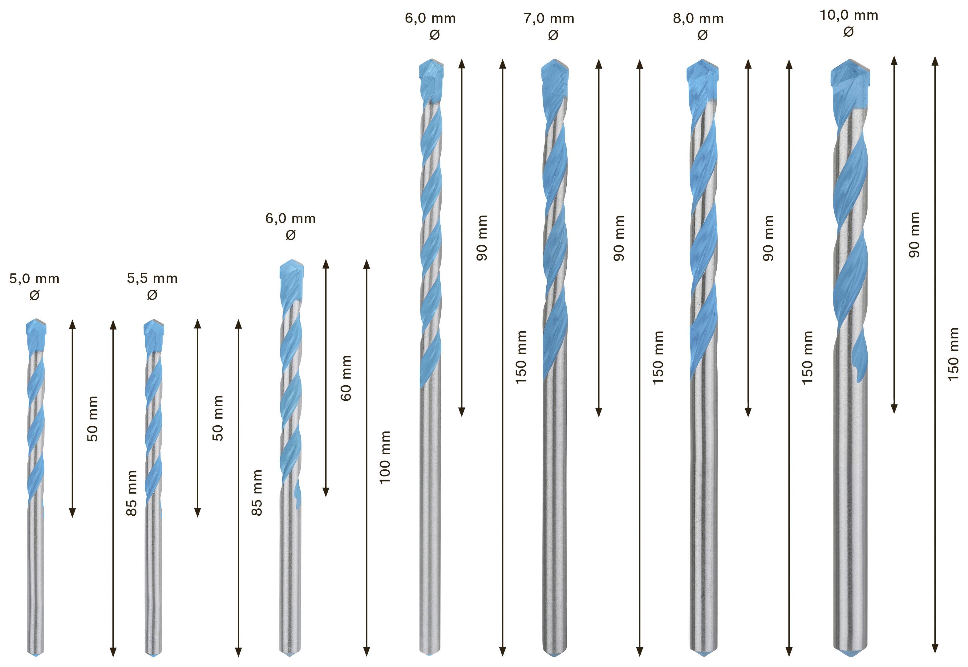 Osiem wierteł o rozmiarach od 5,0 do 10,0 mm, ułożonych stopniowo od lewej do prawej. Każdy wiertarz posiada oznaczenia długości i średnicy.