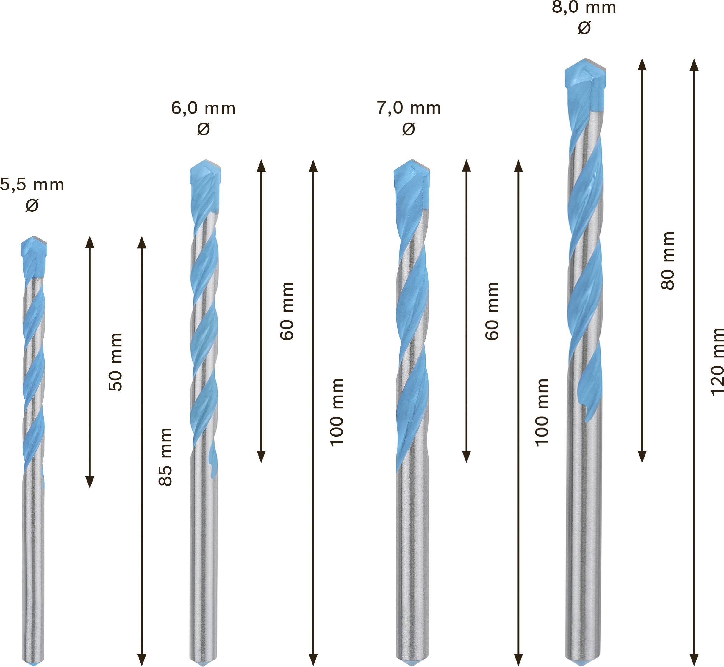 Pięć niebieskich wierteł spiralnych obok siebie, od lewej do prawej: 5,5 mm (85 mm), 6,0 mm (100 mm), 7,0 mm (100 mm), 8,0 mm (80 mm), 8,0 mm (120 mm).