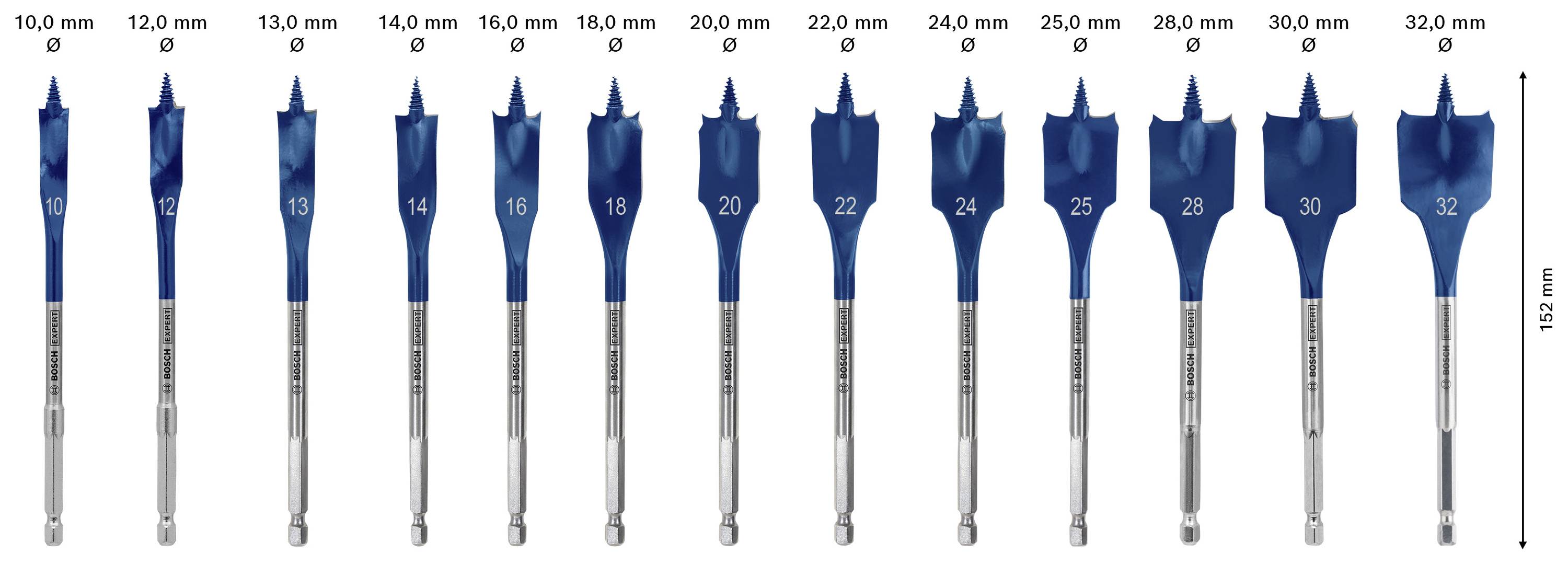 Zestaw frezów płaskich w różnych rozmiarach od 10 mm do 32 mm. Całkowita długość 152 mm.