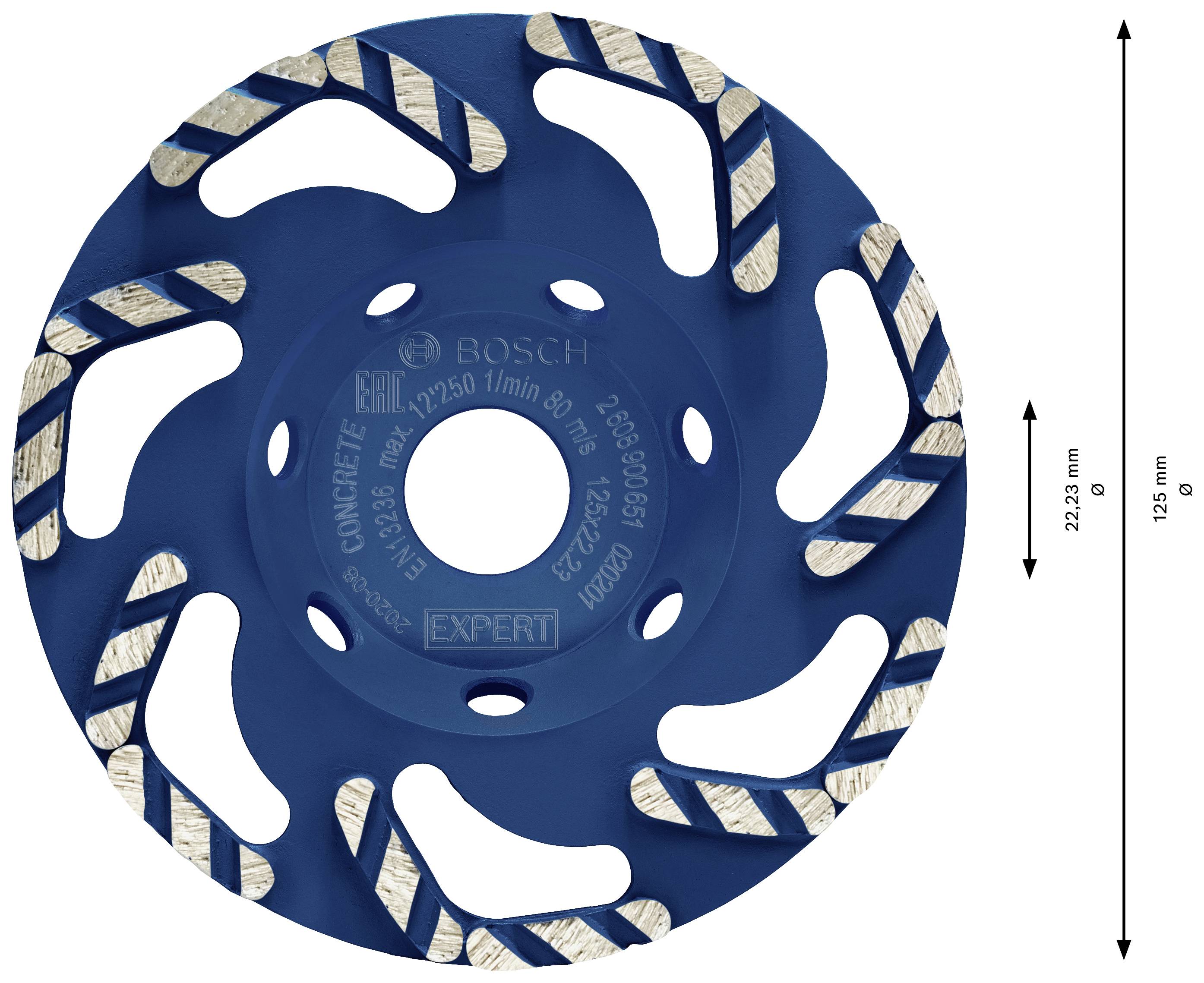 Niebieski diamentowy garnek szlifierski z spiralnymi segmentami metalowymi, odpowiedni do stosowania na betonie, o wymiarach 22,23 mm x 12,6 mm.