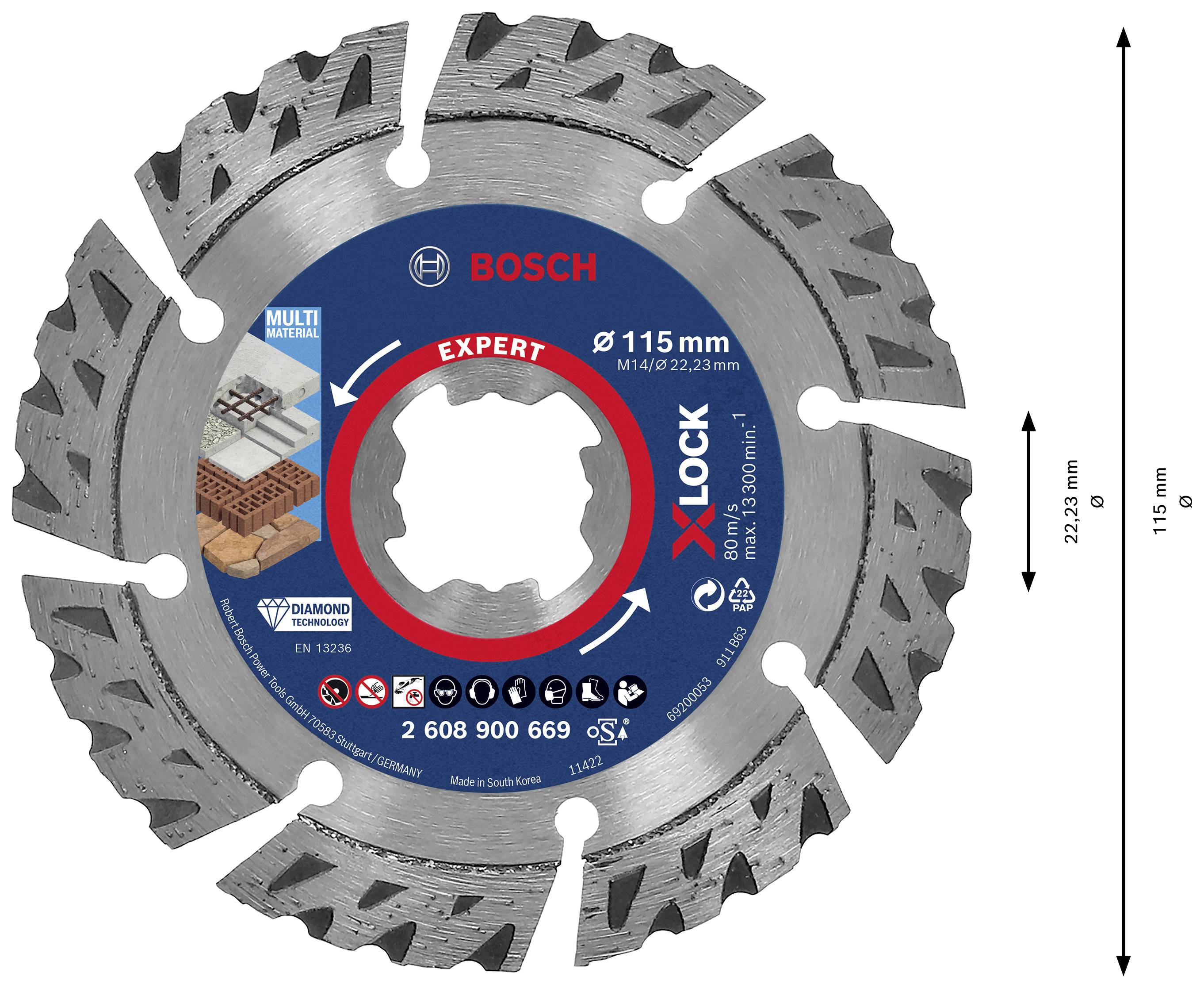 Tarcza tnąca Bosch Expert X-Lock do materiałów wielogatunkowych, w tym betonu i kamienia. Średnica 115 mm, maksymalna prędkość obrotowa 13200 obr./min.