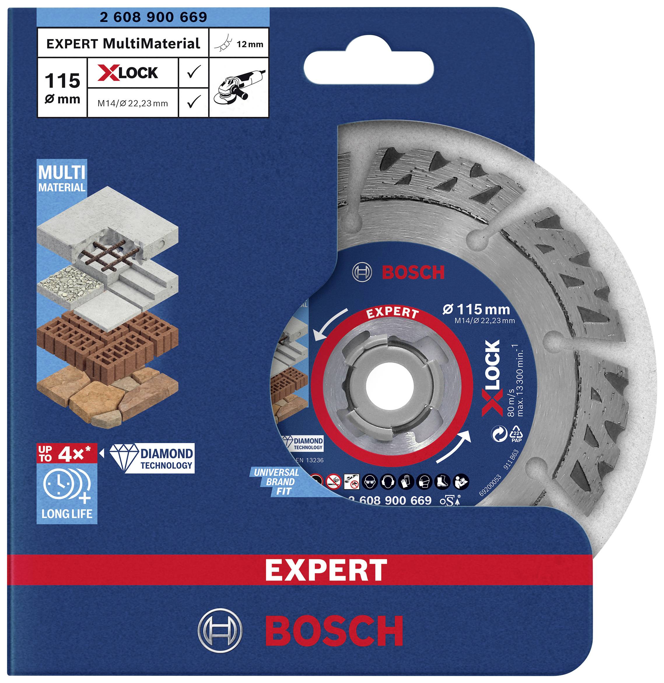 Tarcza diamentowa Bosch Expert X-LOCK do różnych materiałów, średnica 115 mm. Odpowiednia do cegły, betonu, kamienia.