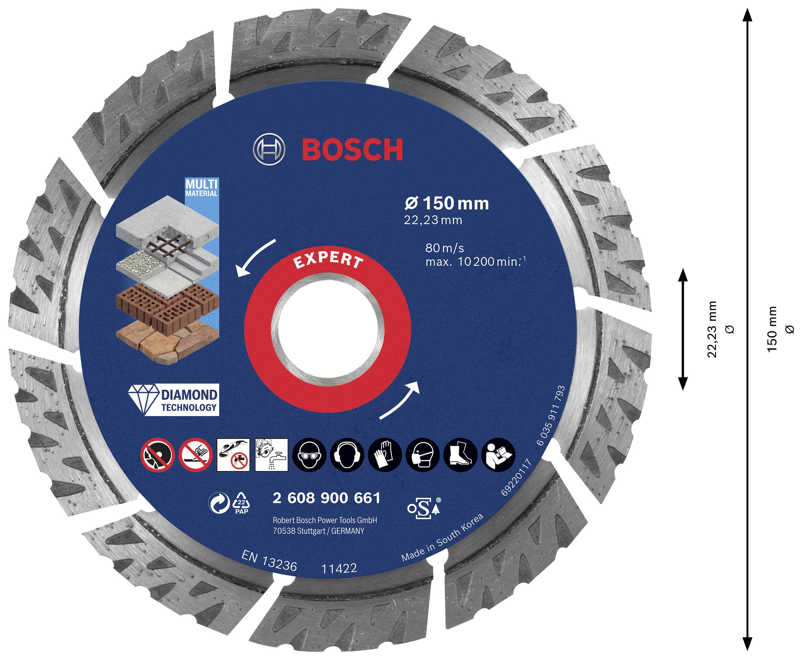 Tarcza tnąca Bosch do materiałów kamiennych, średnica 150 mm, wysokość 22,23 mm, prędkość 80 m/s, technologia diamentowego szlifowania.