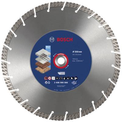 Tarcza piły Bosch, odpowiednia do cięcia kamienia i muru. Średnica: 350 mm. Prezentuje symbole zastosowań i szczegóły techniczne.