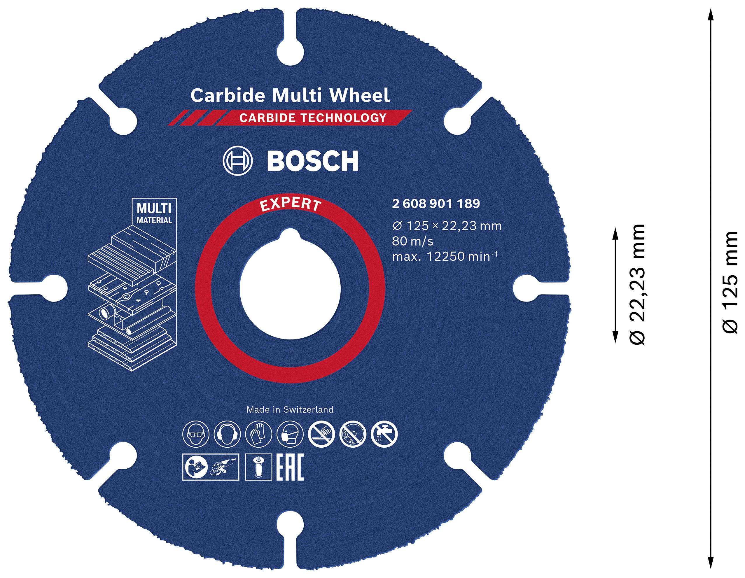 'Okrągła tarcza tnąca, Bosch Carbide Multi Wheel, średnica 125 mm, otwór 22,23 mm, odpowiednia do różnych materiałów.'