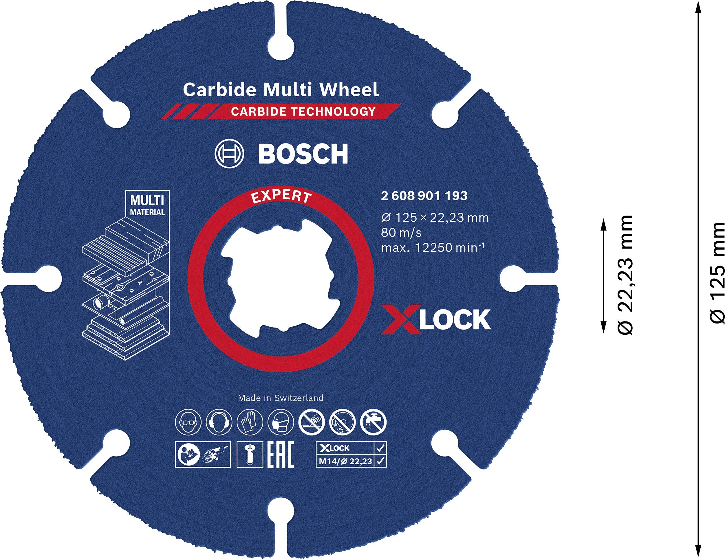 Niebieska tarcza wielofunkcyjna 'Carbide Multi Wheel' do systemu 'X-LOCK', o średnicy 125 mm. Odpowiednia do różnych materiałów, produkowana w Szwajcarii.