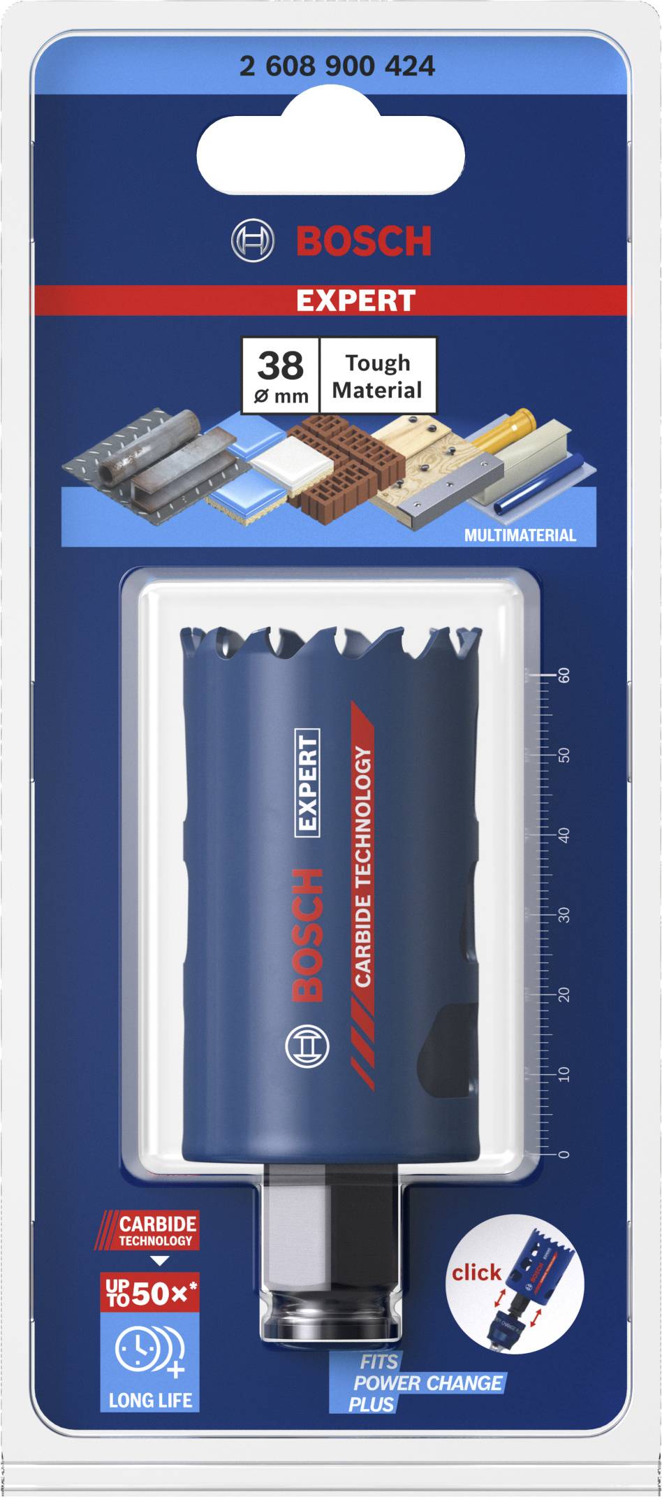 Piła do otworów Bosch Expert o średnicy 38 mm, odpowiednia do twardych materiałów. Opakowanie przedstawia zdjęcie produktu oraz logo producenta.