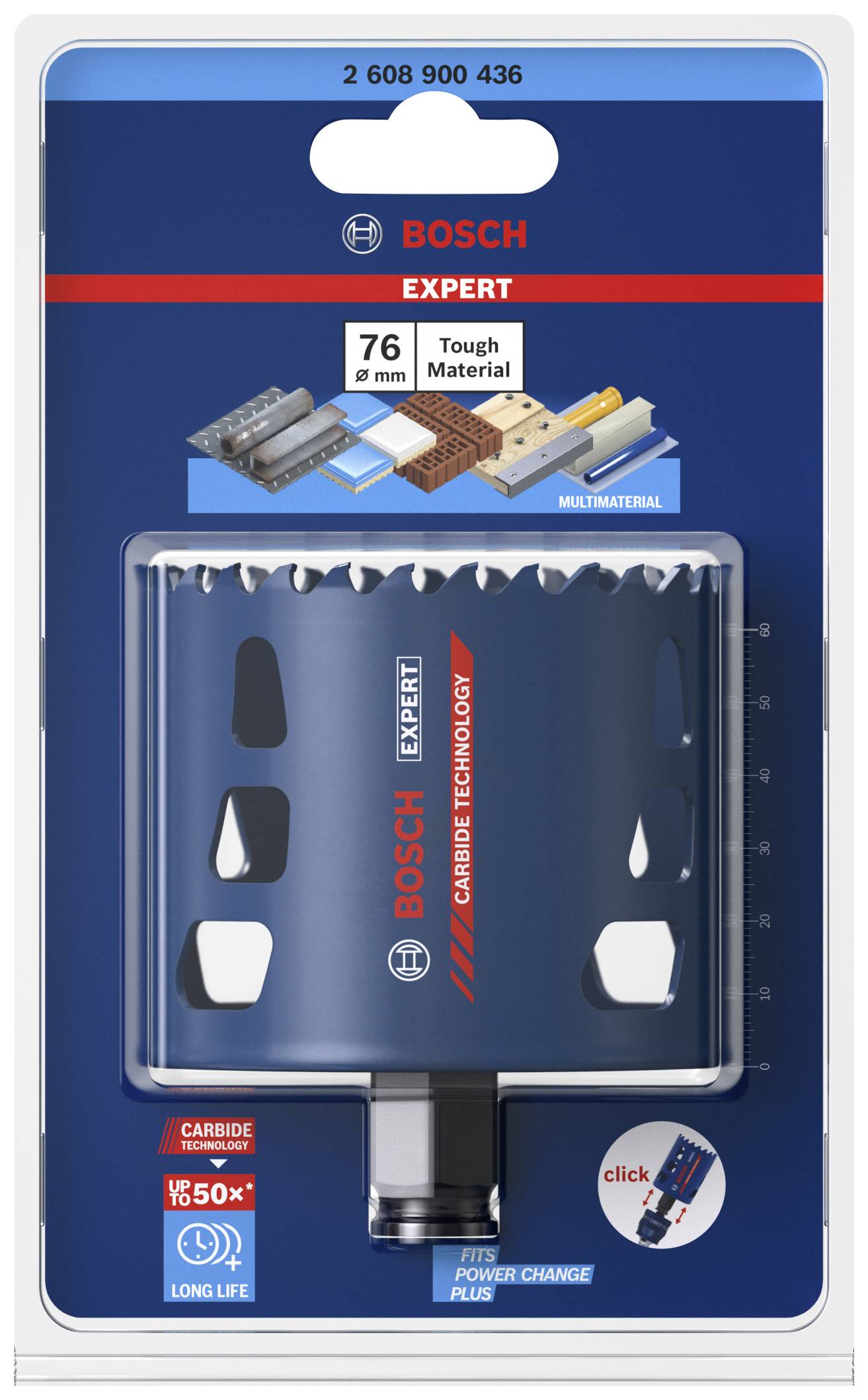 Opakowanie z piłą otworową Bosch Expert o średnicy 76 mm, przeznaczona do twardych materiałów; prezentuje głowicę tnącą i adapter.