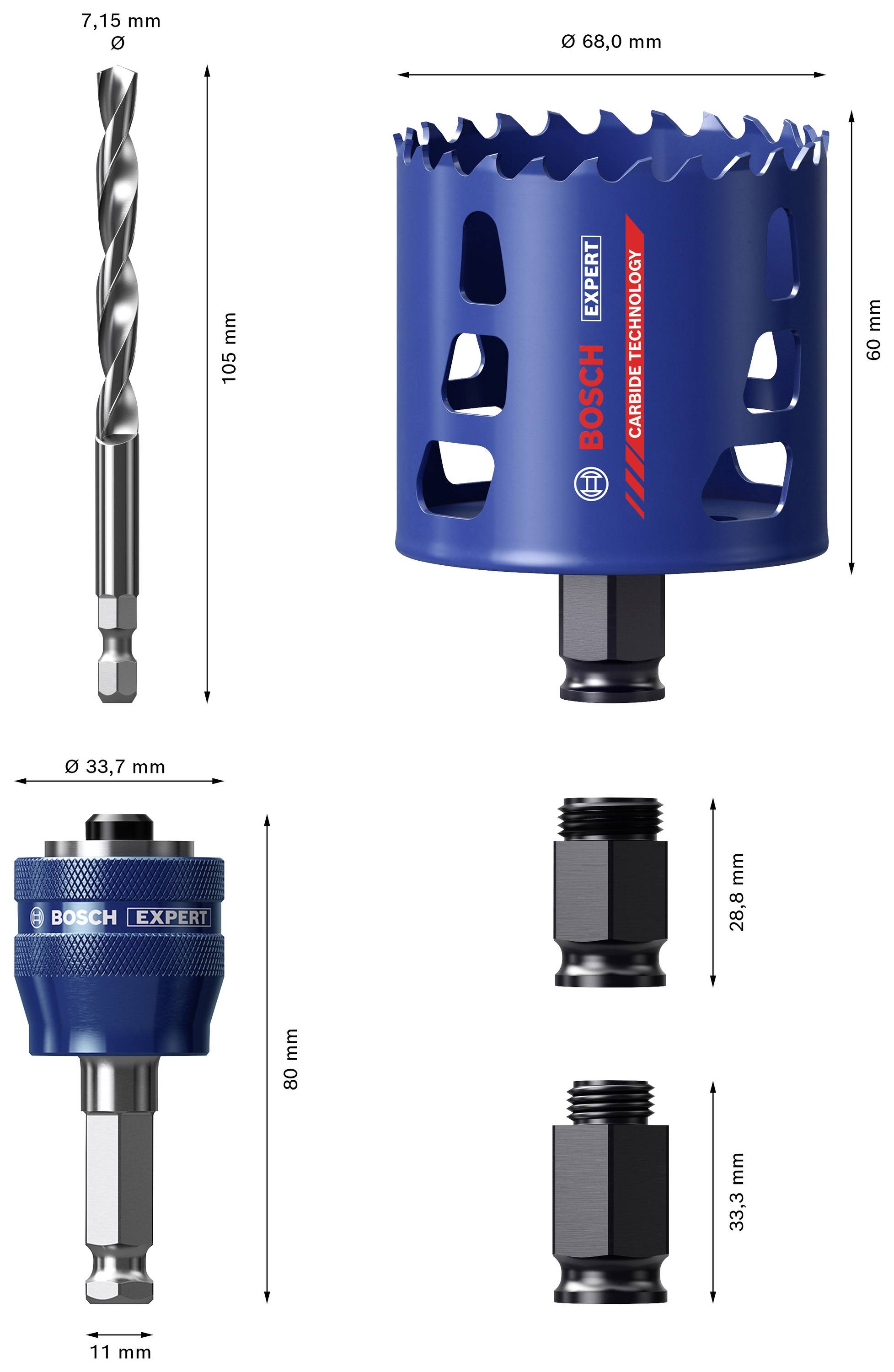 Zestaw piły otworowej Bosch: Zawiera wiertło, piłę otworową (68 mm) oraz adapter do wiercenia w betonie. Komponenty wskazują odpowiednie wymiary.