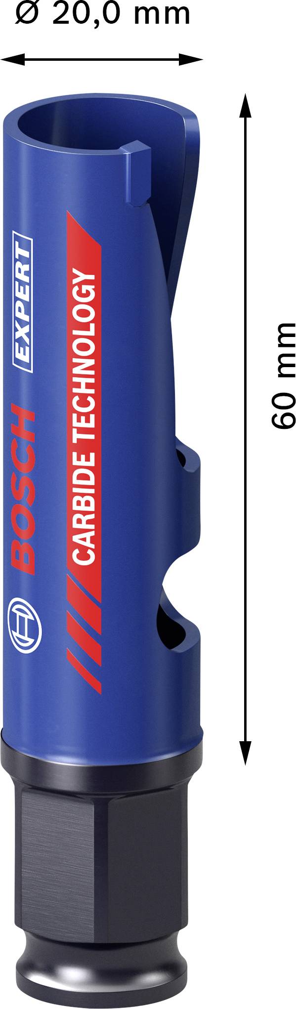 Niebieski nasadka do piły otworowej z napisem 'Bosch Expert Carbide Technology', średnica 20,0 mm, długość 60 mm.