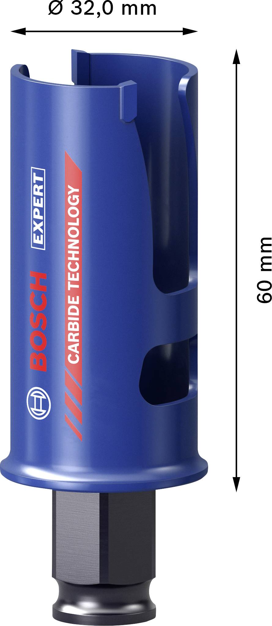 Niebieski wiertło rdzeniowe Bosch Expert o średnicy 32 mm i długości 60 mm. Odpowiednie do wymagających zadań wiertniczych.