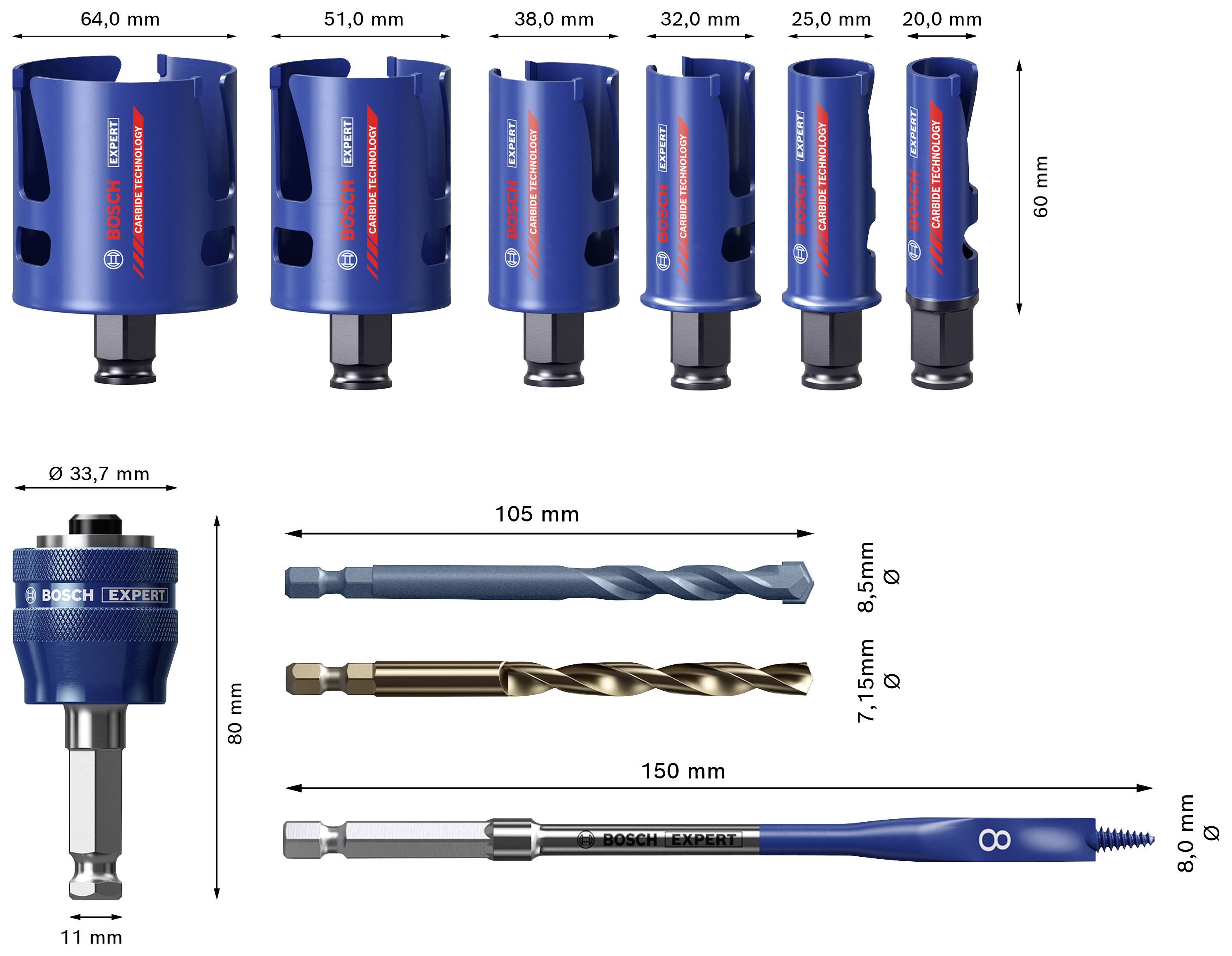 Zestaw Bosch Expert do betonu: Pięć niebieskich koronek wiertniczych o różnych rozmiarach (20-51 mm), adapter, dwa wiertła i długa końcówka.