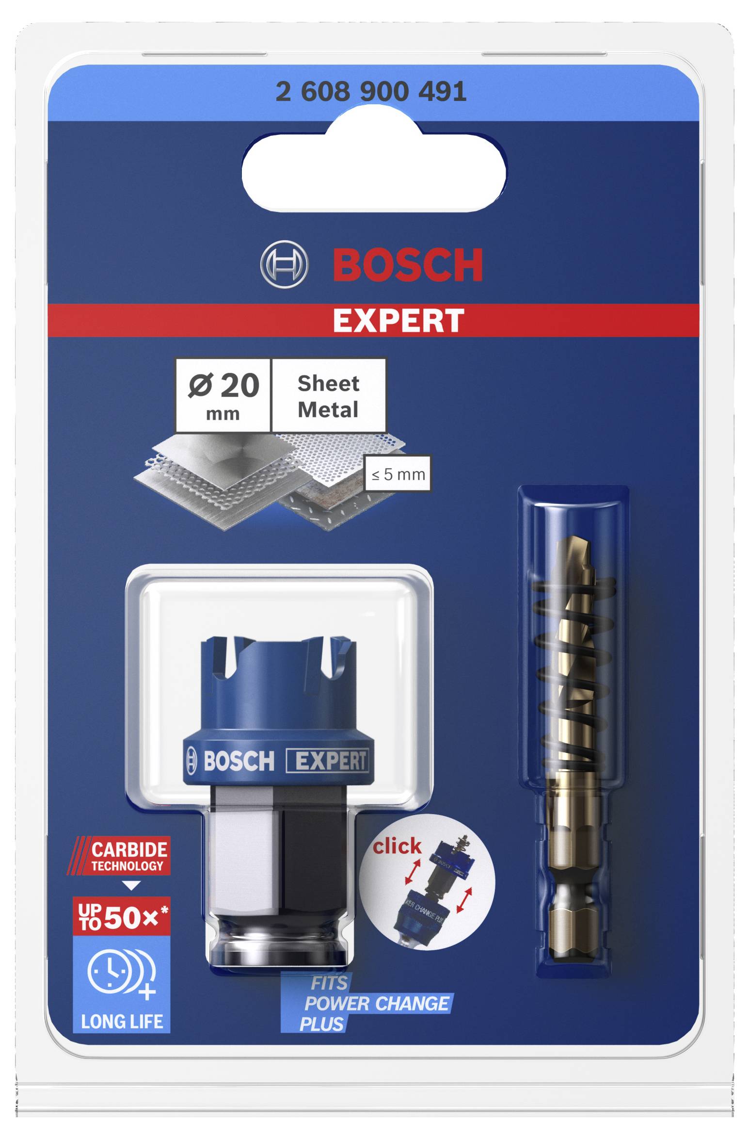 Piła otworowa Bosch Expert Power Change Plus do blachy, o średnicy 20 mm, wytrzymała dzięki technologii węglikowej i szybkiemu mechanizmowi wymiany. Opakowanie prezentuje produkt i jego szczegóły.
