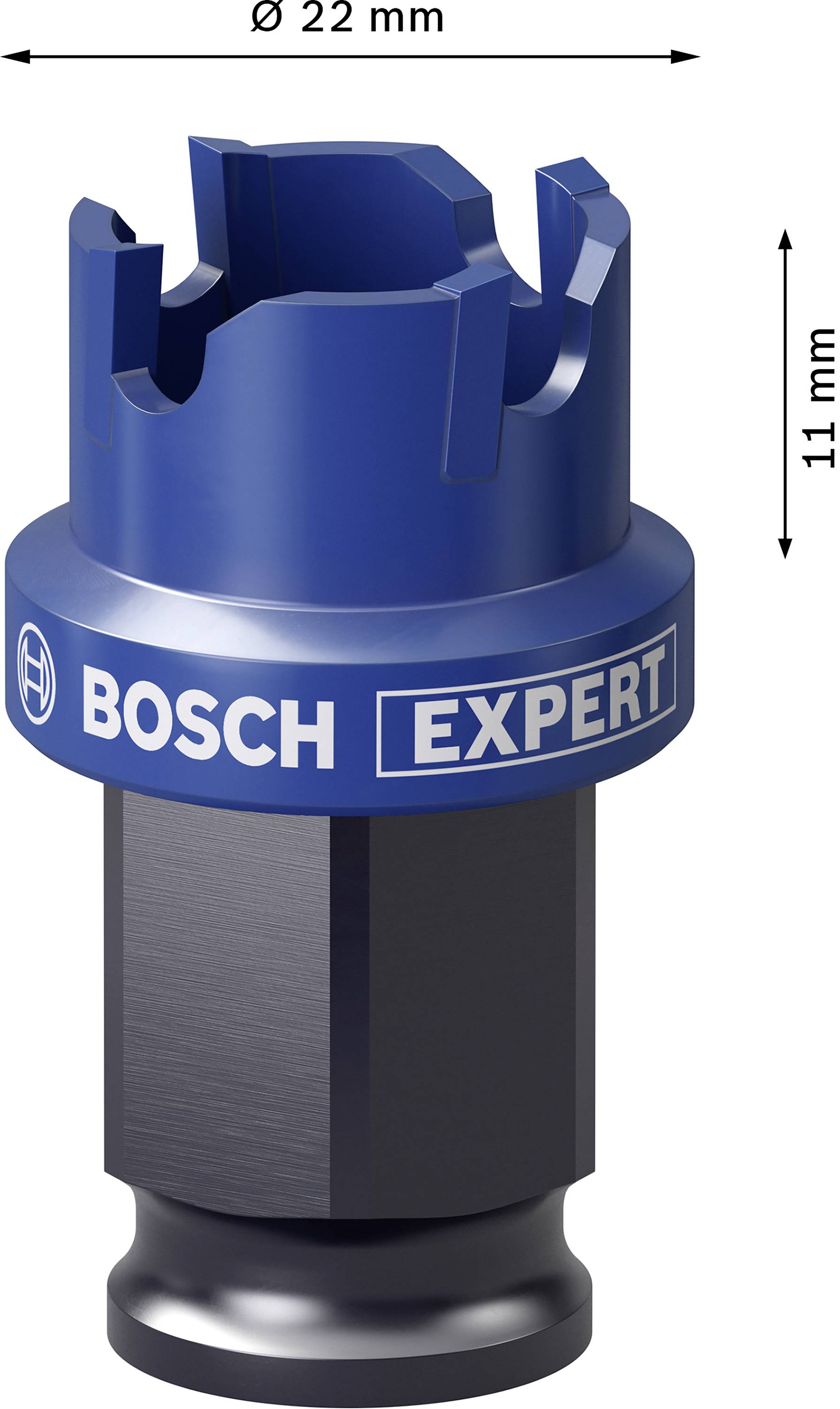 Nasadka narzędziowa 'Bosch Expert' o średnicy 22 mm i wysokości 11 mm, utrzymana głównie w kolorze niebieskim.