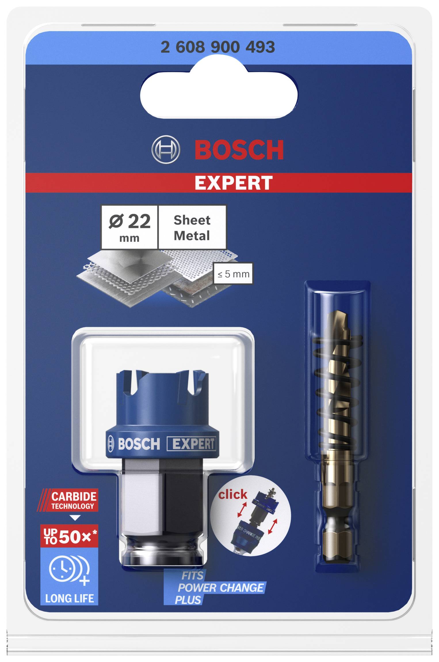 Zestaw pił otworowych 'Bosch Expert' w opakowaniu blistrowym, odpowiedni do cięcia blach do 5 mm, średnica 22 mm, kompatybilny z 'Power Change Plus'.