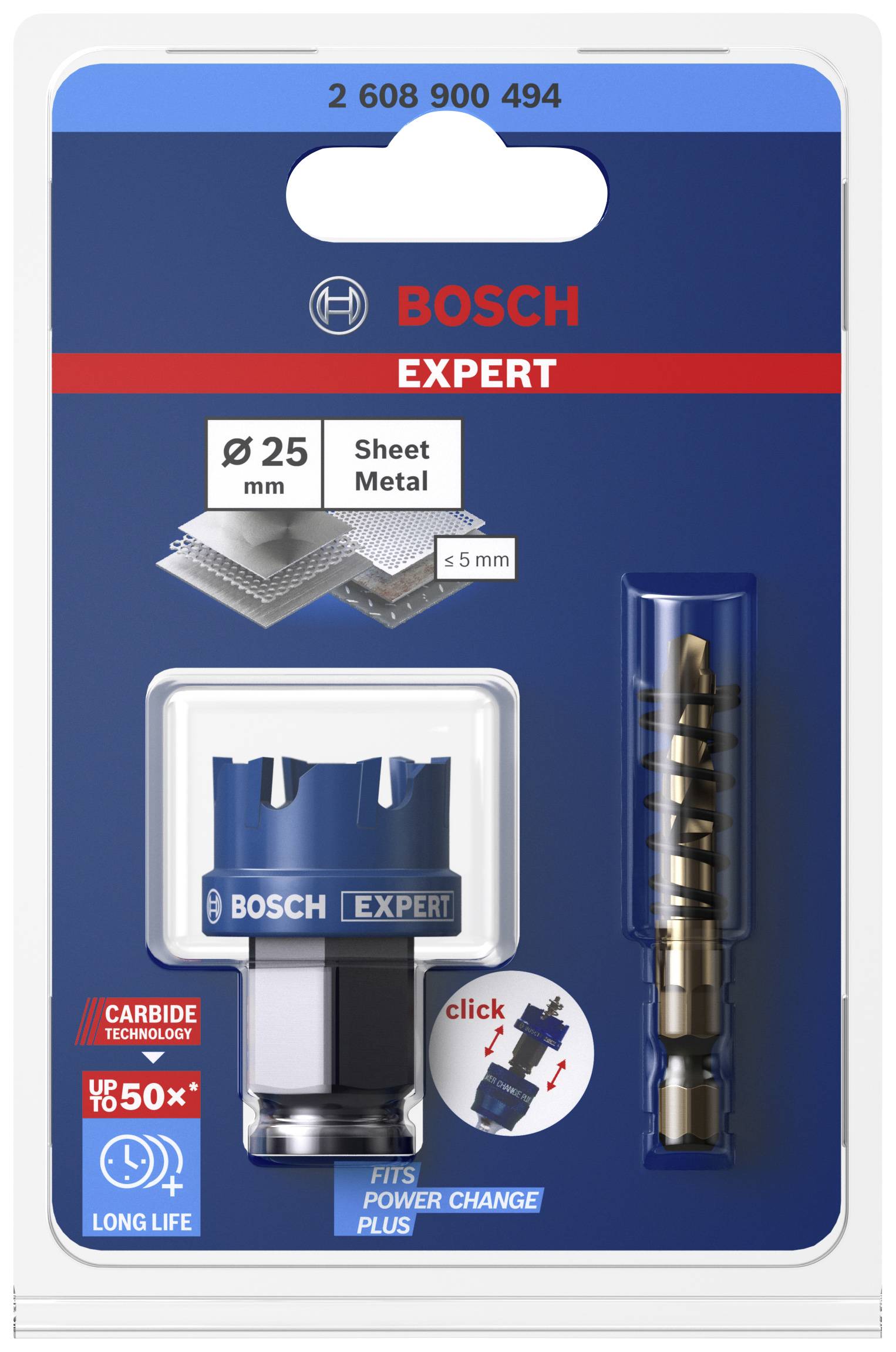 Opakowanie zestawu piły otworowej Bosch Expert do blachy. Zawiera 25-milimetrową piłę otworową oraz adapter do szybkiej wymiany.