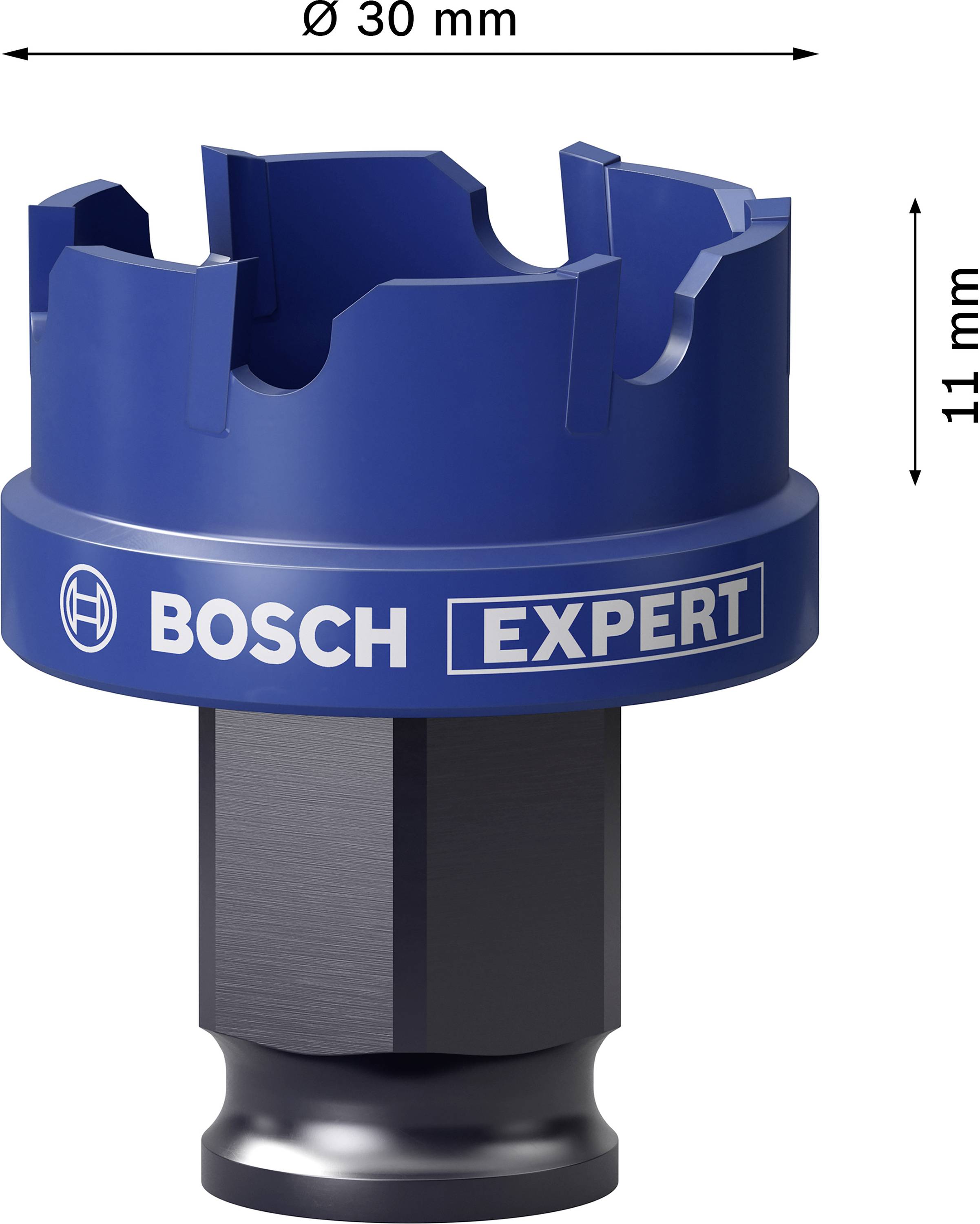 Piła otworowa 'Bosch Expert', średnica 30 mm, wysokość 11 mm, odpowiednia do precyzyjnego wiercenia w różnych materiałach, w kolorze niebieskim.