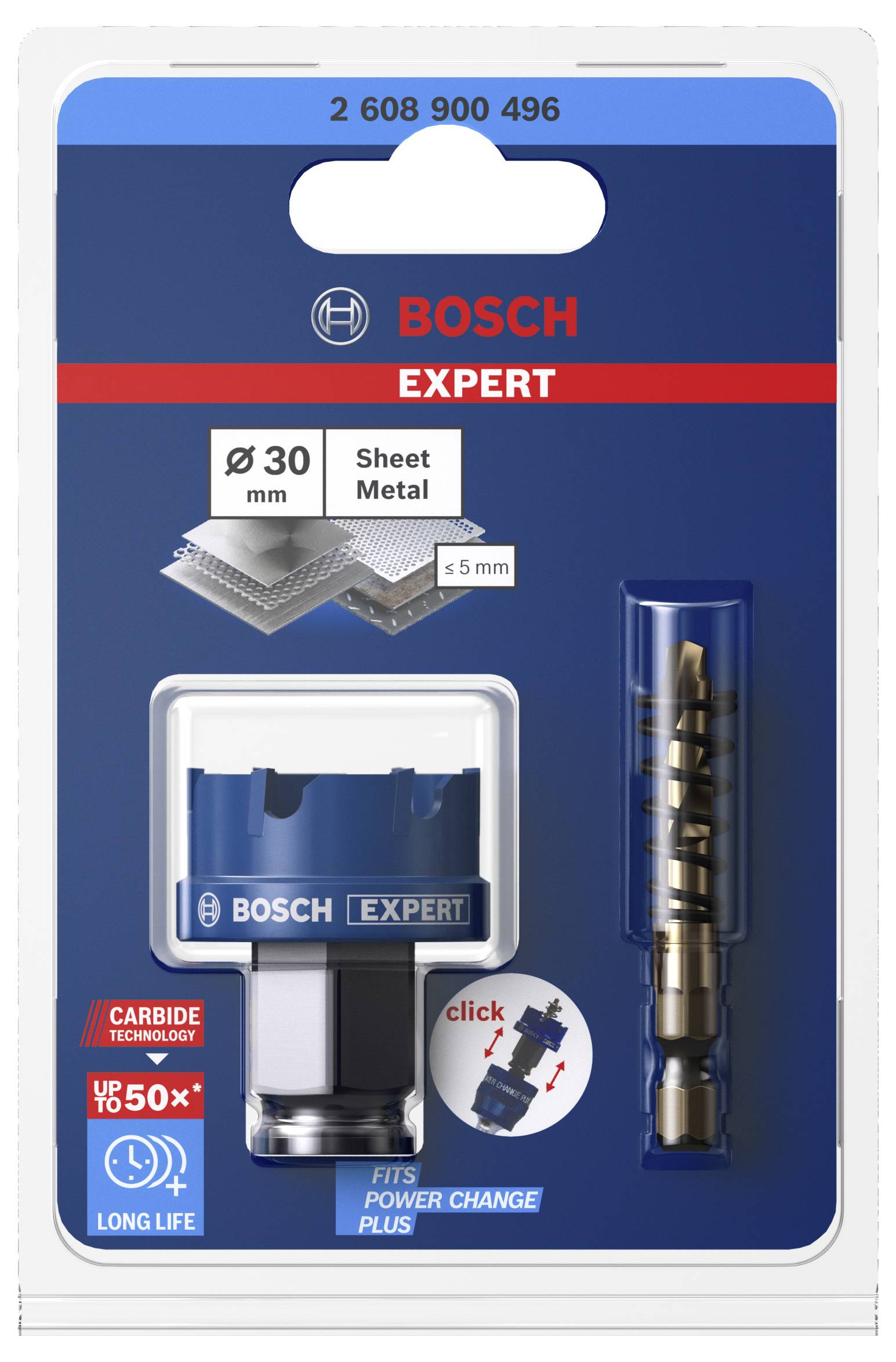 Korona wiertnicza Bosch do metalu, średnica 30 mm, odpowiednia dla blach do 5 mm grubości, wyposażona w technologię szybkiej wymiany.