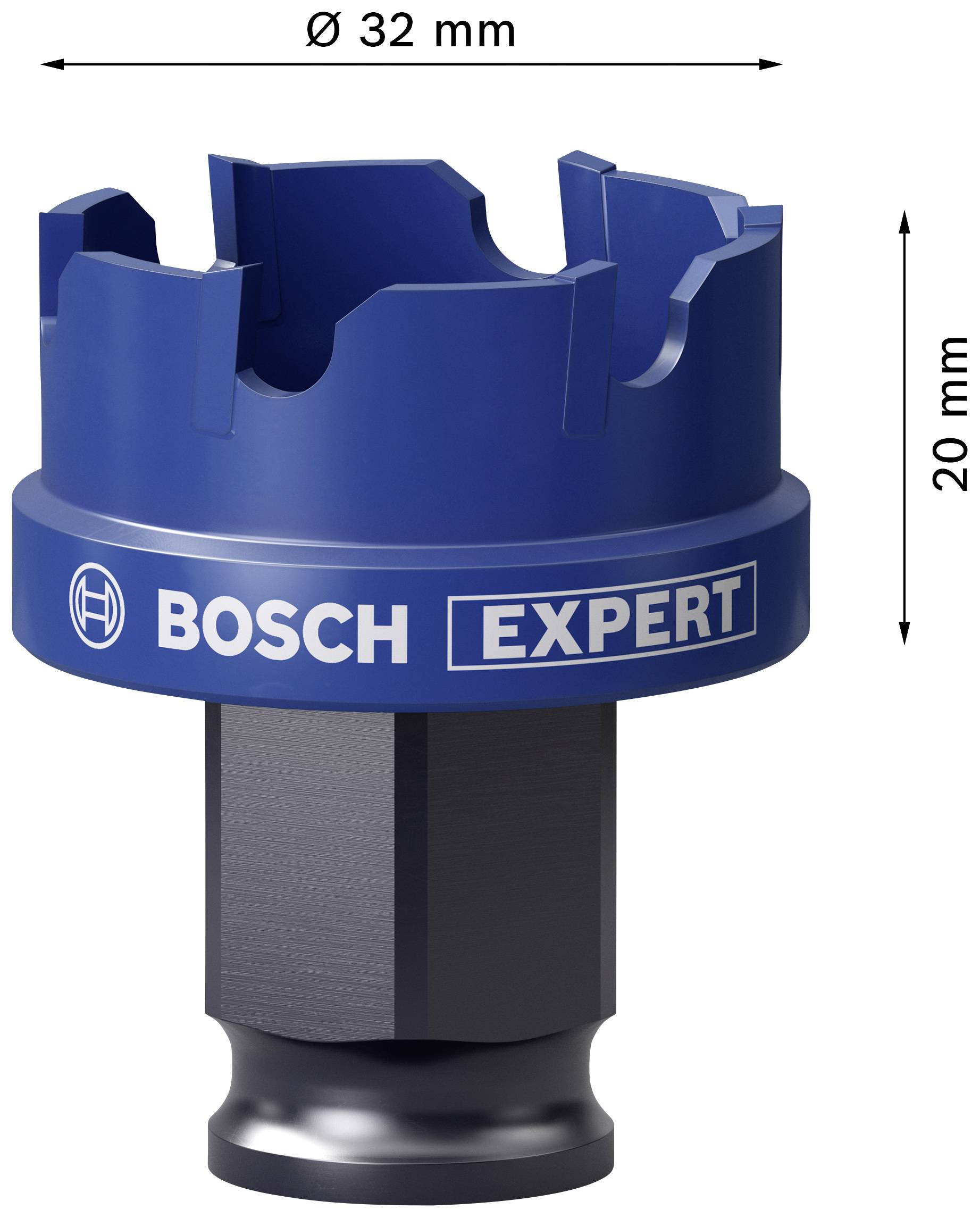 Piła otwornica 'Bosch Expert' o średnicy 32 mm i wysokości 20 mm, w kolorach niebieskim i czarnym, z widocznym logo.