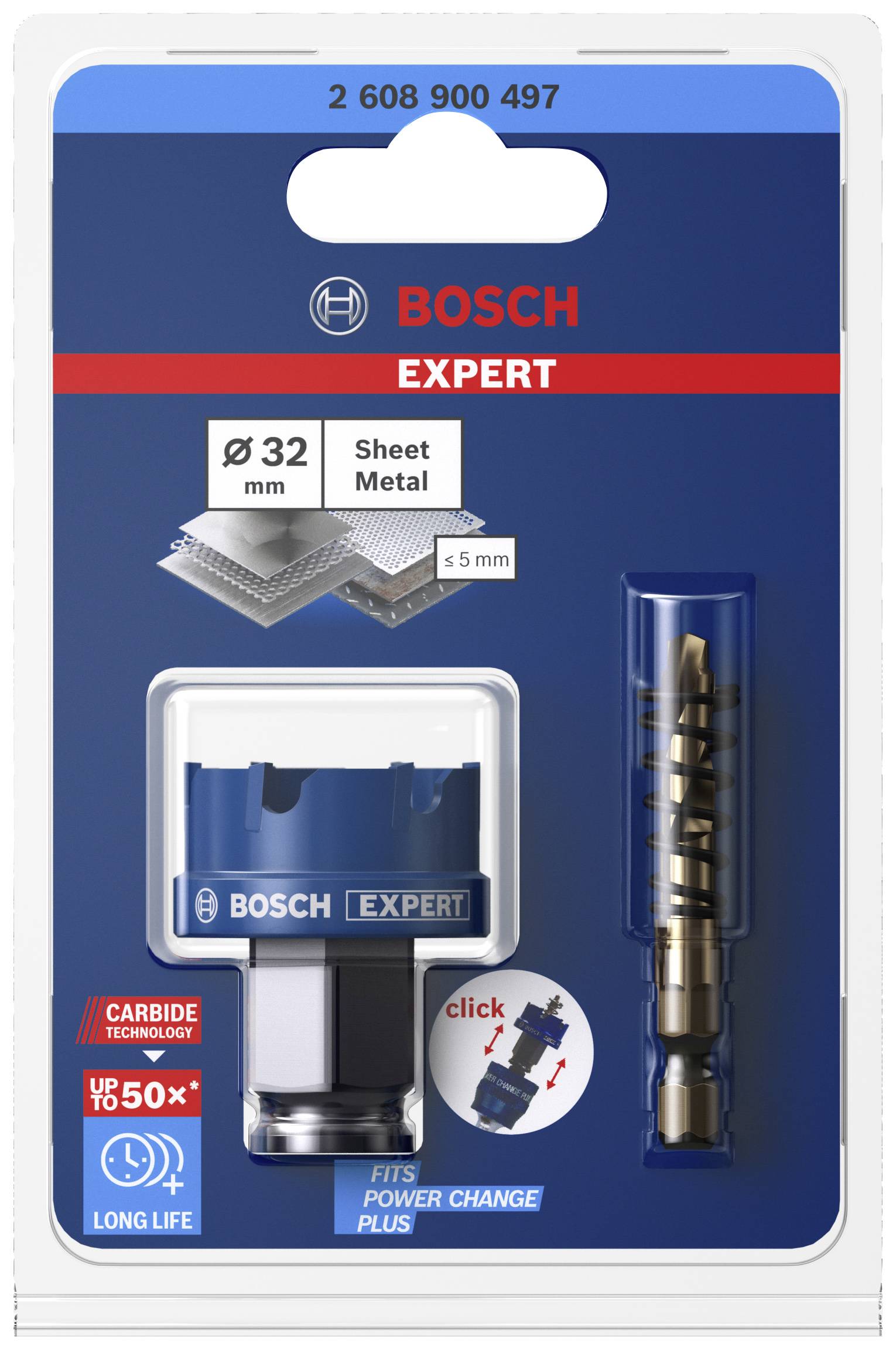 Piła otworowa Bosch Expert do blachy do 5 mm o średnicy 32 mm, z technologią węglikową dla długiej trwałości, system Power-Change Plus.
