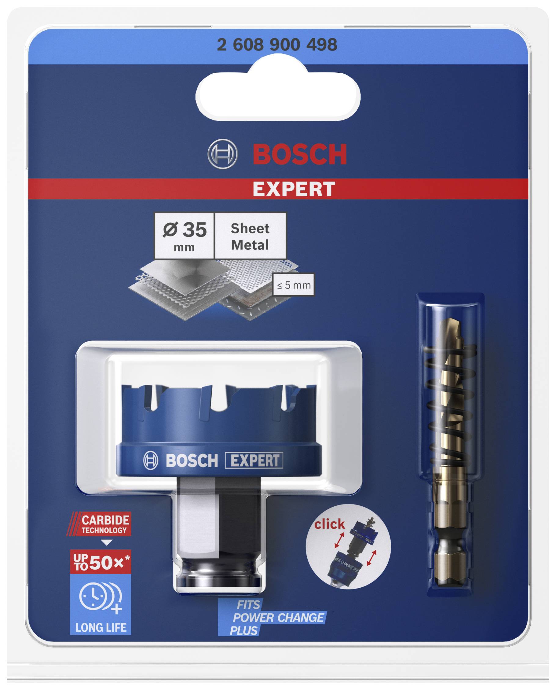 Opakowanie zestawu otwornic Bosch Expert do blach, w tym niebieski adapter oraz akcesoria. Rozmiar: 35 mm. Odpowiednie do metalu o grubości do 5 mm.