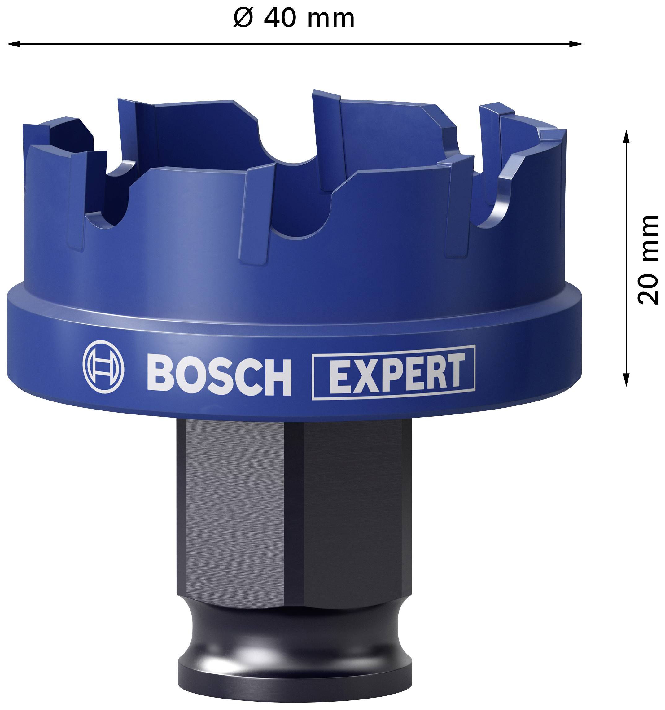 Niebieska piła otworowa Bosch Expert, średnica 40 mm, wysokość 20 mm, odpowiednia do materiałów takich jak drewno i tworzywa sztuczne.