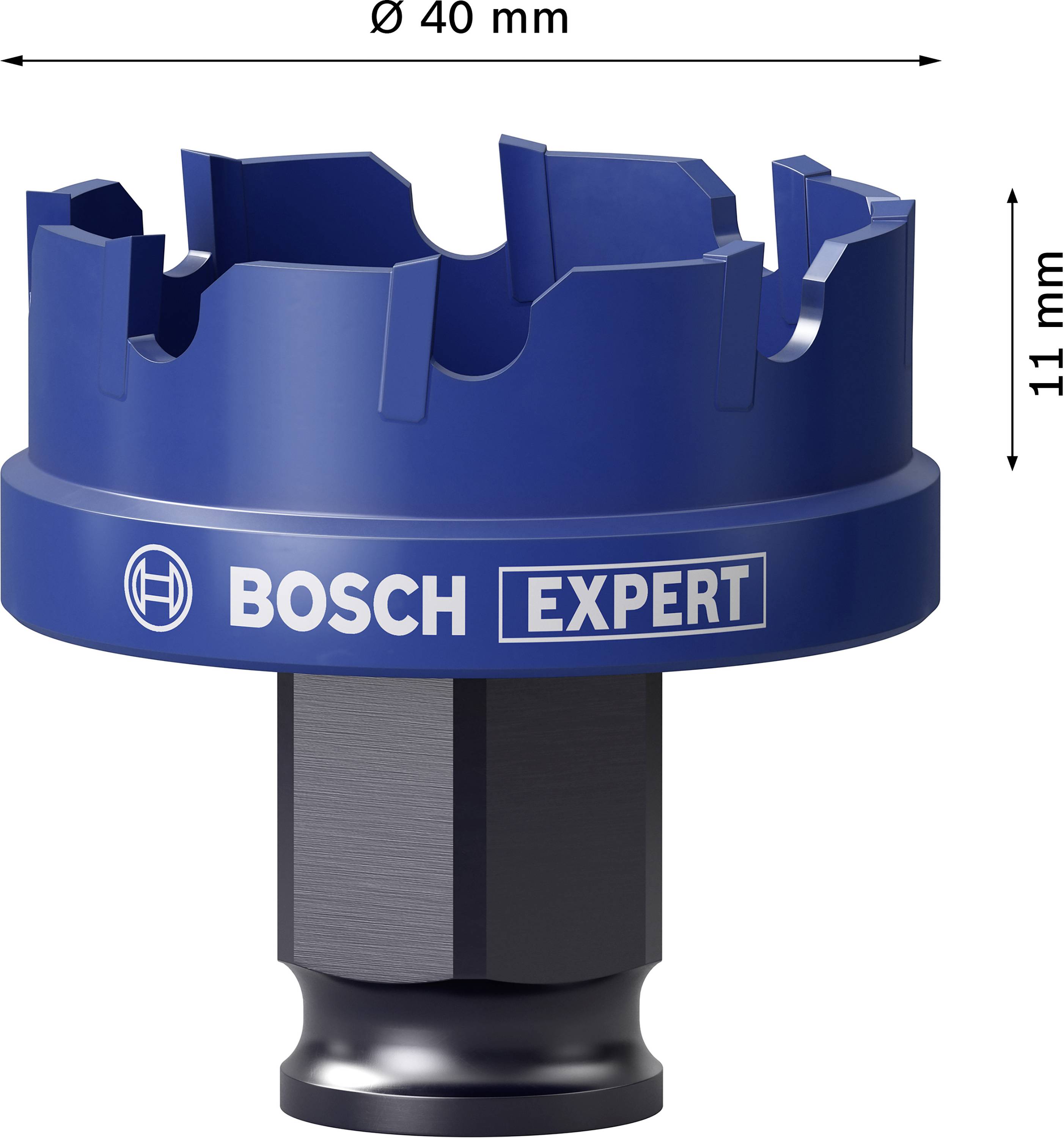 Korona wiertnicza firmy Bosch o średnicy 40 mm i wysokości 11 mm, odpowiednia do precyzyjnego wiercenia w różnych materiałach.