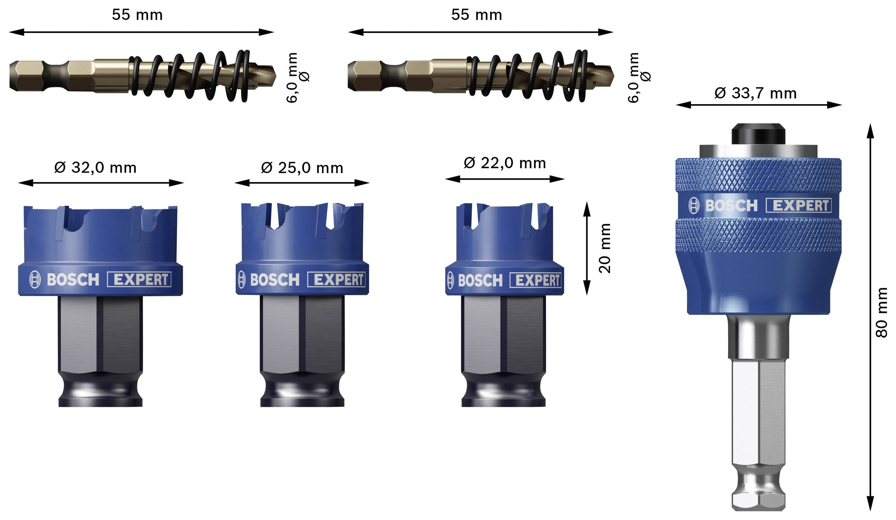 Zestaw bitów 'BOSCH EXPERT' z uchwytem. Różne bity o średnicach 32,0 mm, 25,0 mm i 22,0 mm. Uchwyt: 80 mm wysokości.