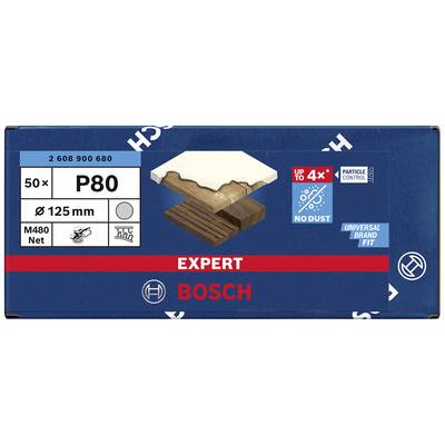 Opakowanie papieru ściernego Bosch Expert, 50 sztuk, ziarnistość P80, Ø 125 mm. Odpowiedni do prac przy drewnie i prac szlifierskich o niskim zapyleniu.